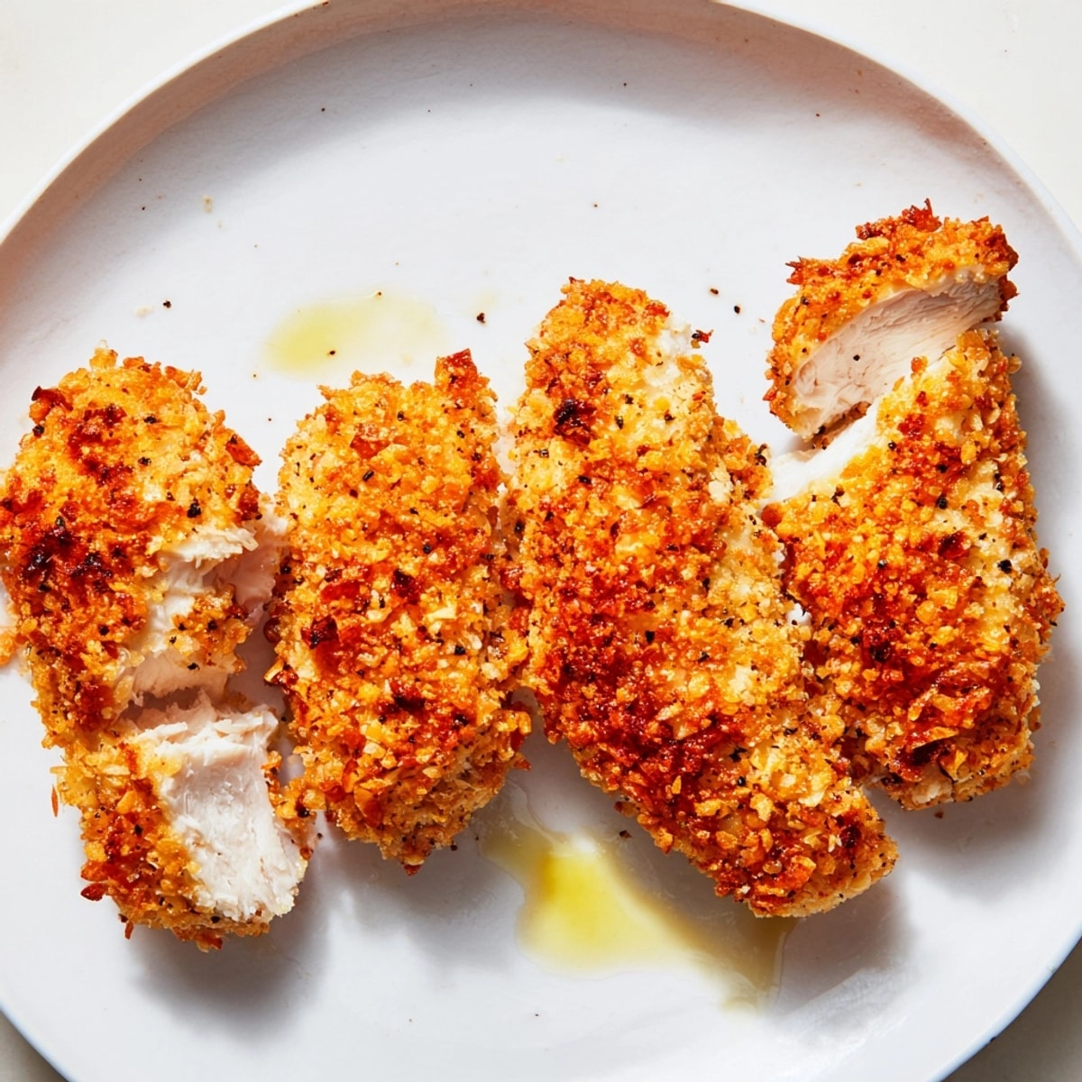 Crispy baked chicken tenders arranged on a tray, golden brown and ready for dipping.