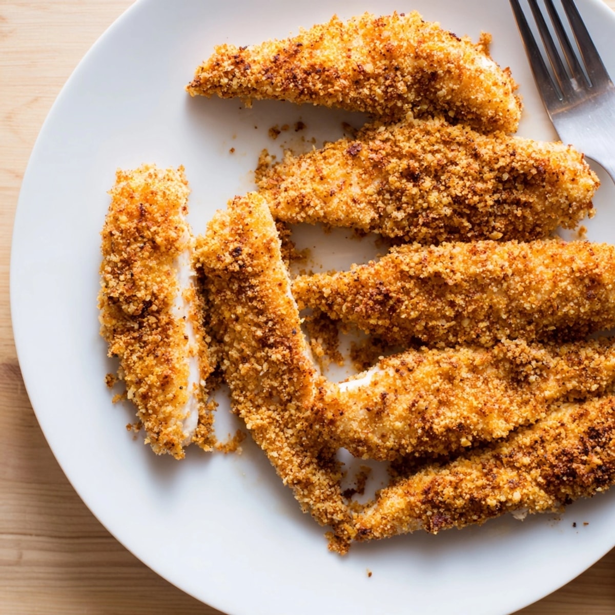Juicy crispy baked chicken tenders fresh from the oven, perfect for a family dinner.