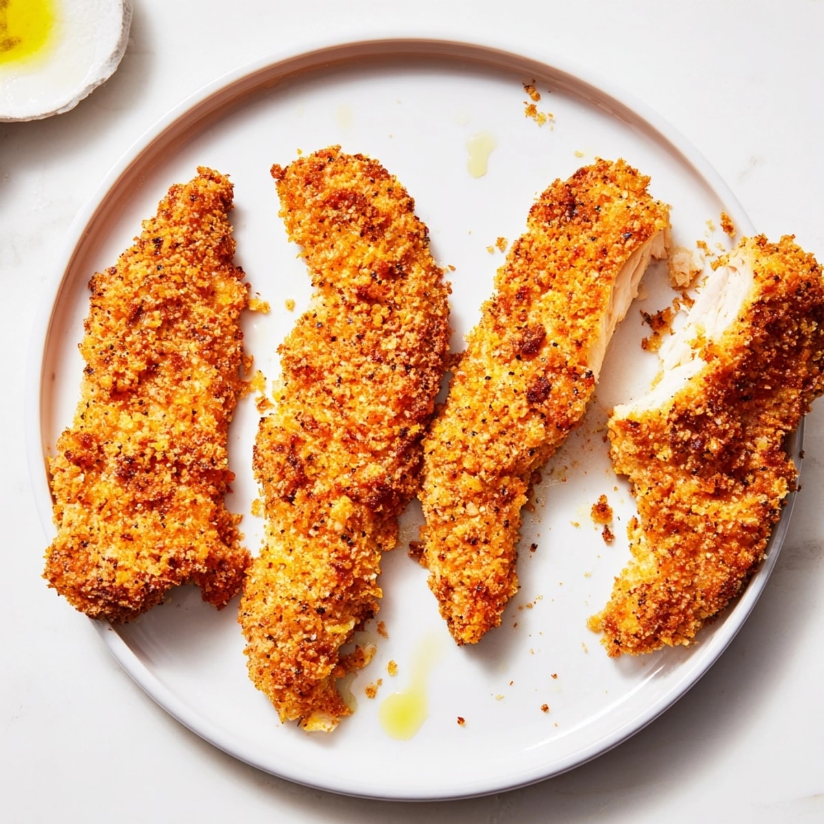 Close-up of crispy baked chicken tenders served with dipping sauces on the side.