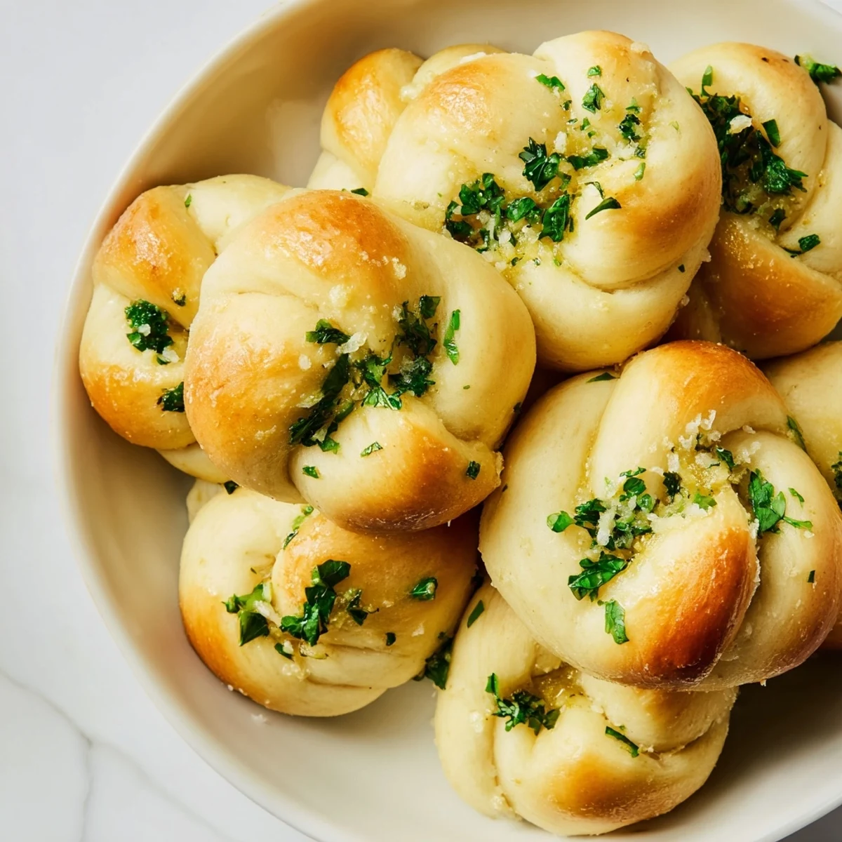 Freshly baked homemade garlic knots, perfectly knotted and glistening with savory garlic butter and herbs.