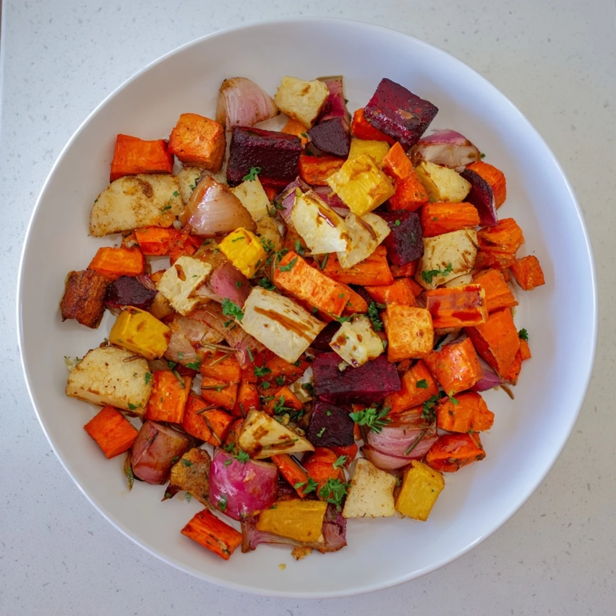 Oven-roasted root vegetable medley glistening with balsamic glaze, a colorful, hearty vegetarian meal.