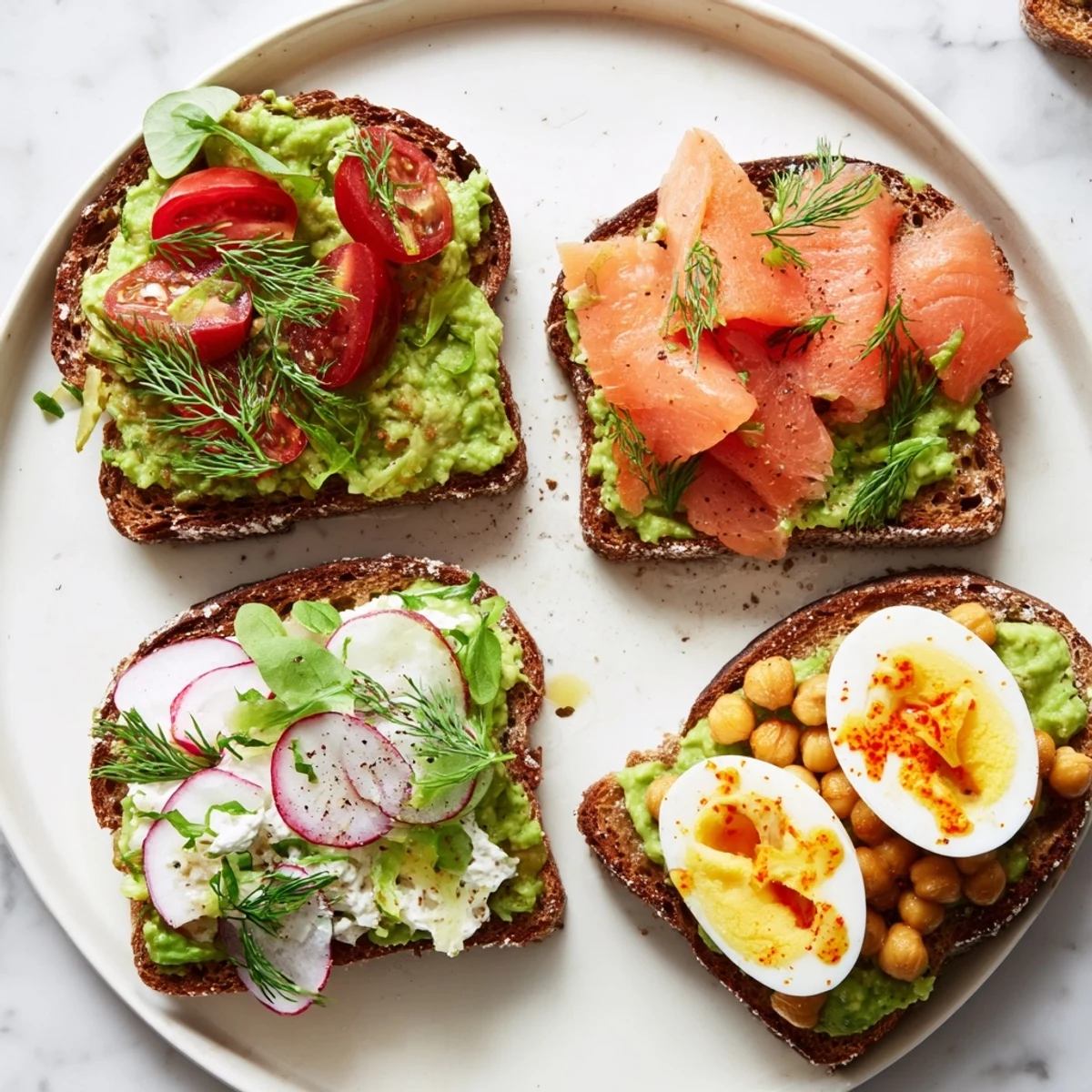 Toasted sourdough slices topped with creamy avocado mixture and Classic Tomato & Basil for avocado toast.