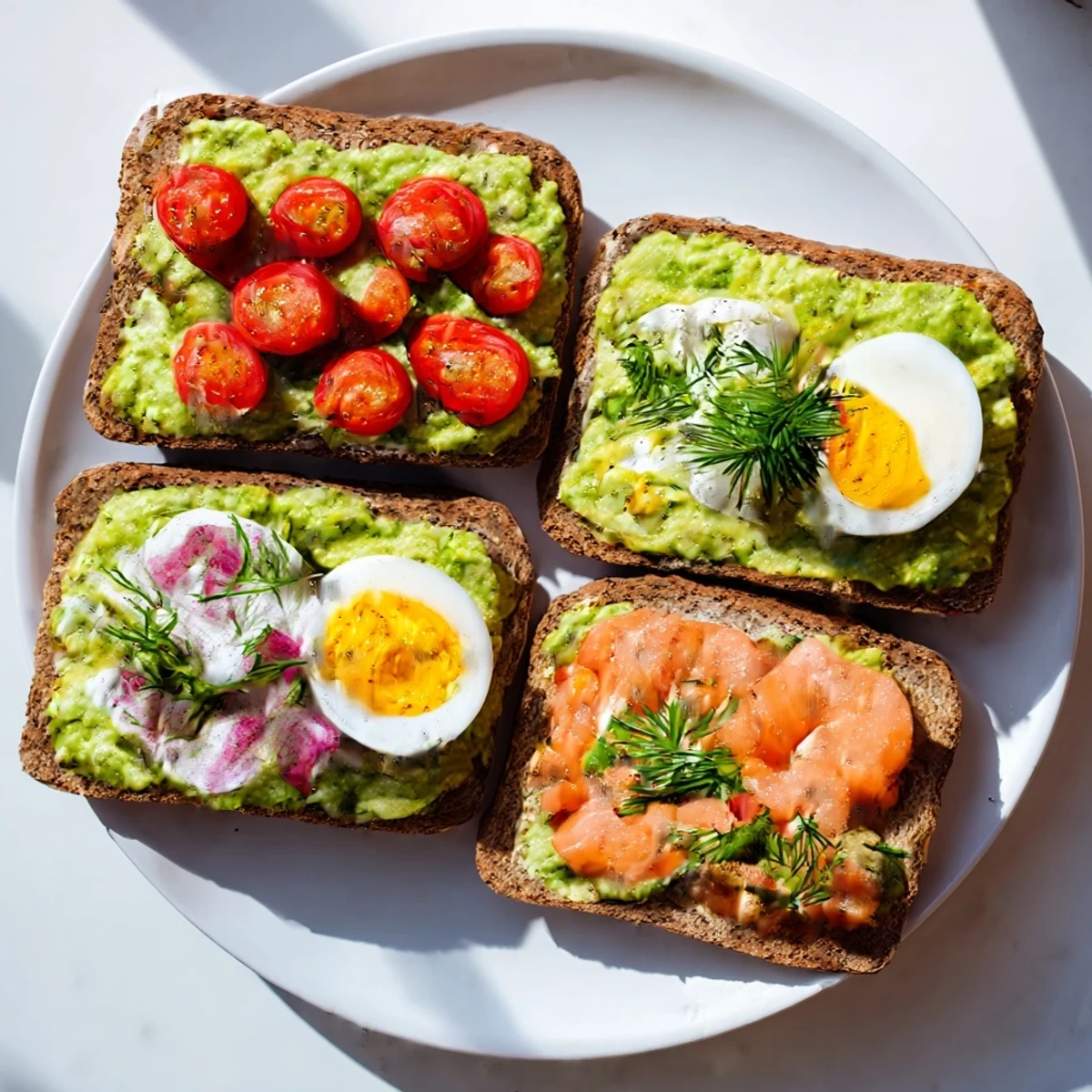 Freshly made avocado toast variations, each with unique toppings, perfect for a light lunch option.