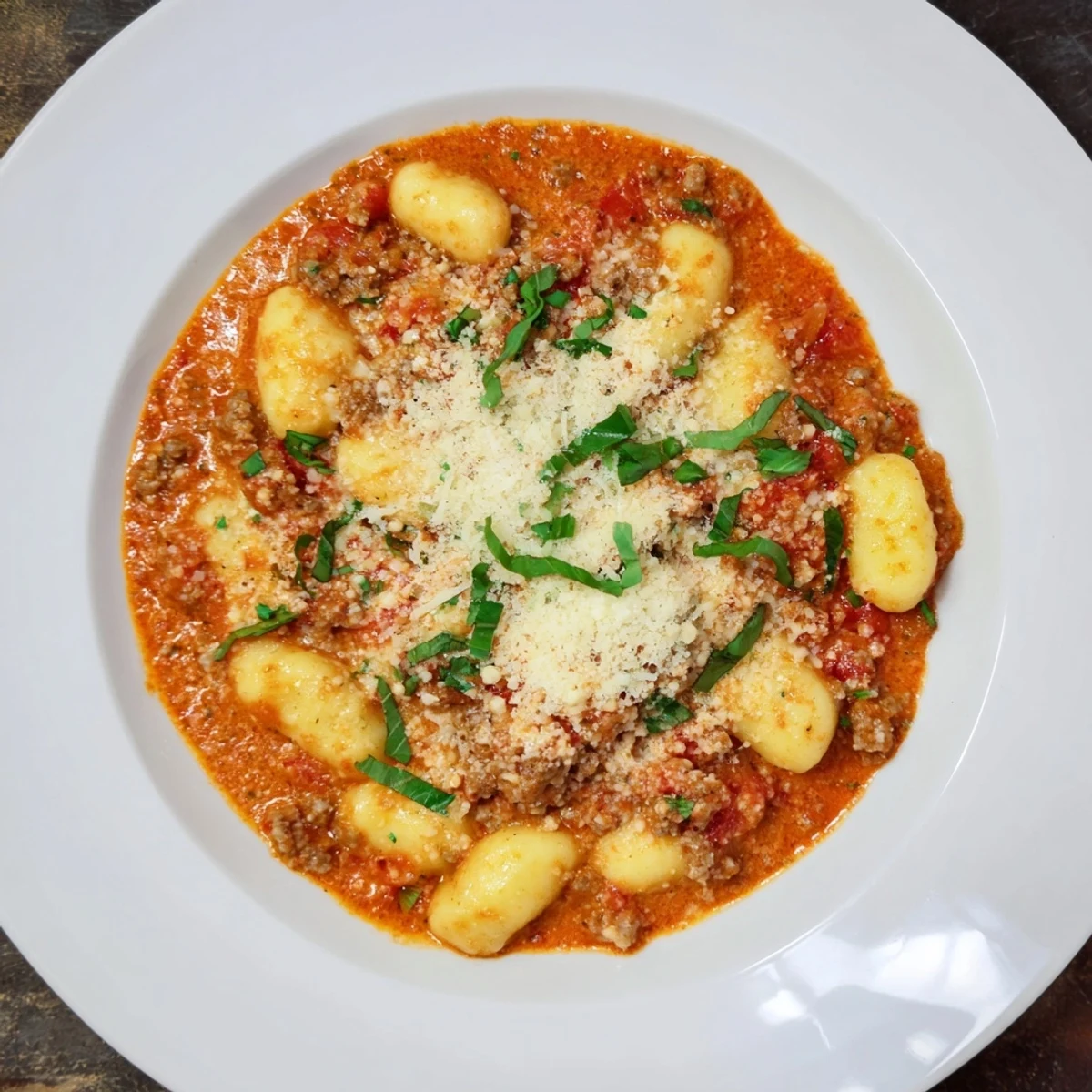 A vibrant shot of Creamy Tomato and Sausage Gnocchi, showcasing rich tomato sauce and savory sausage.