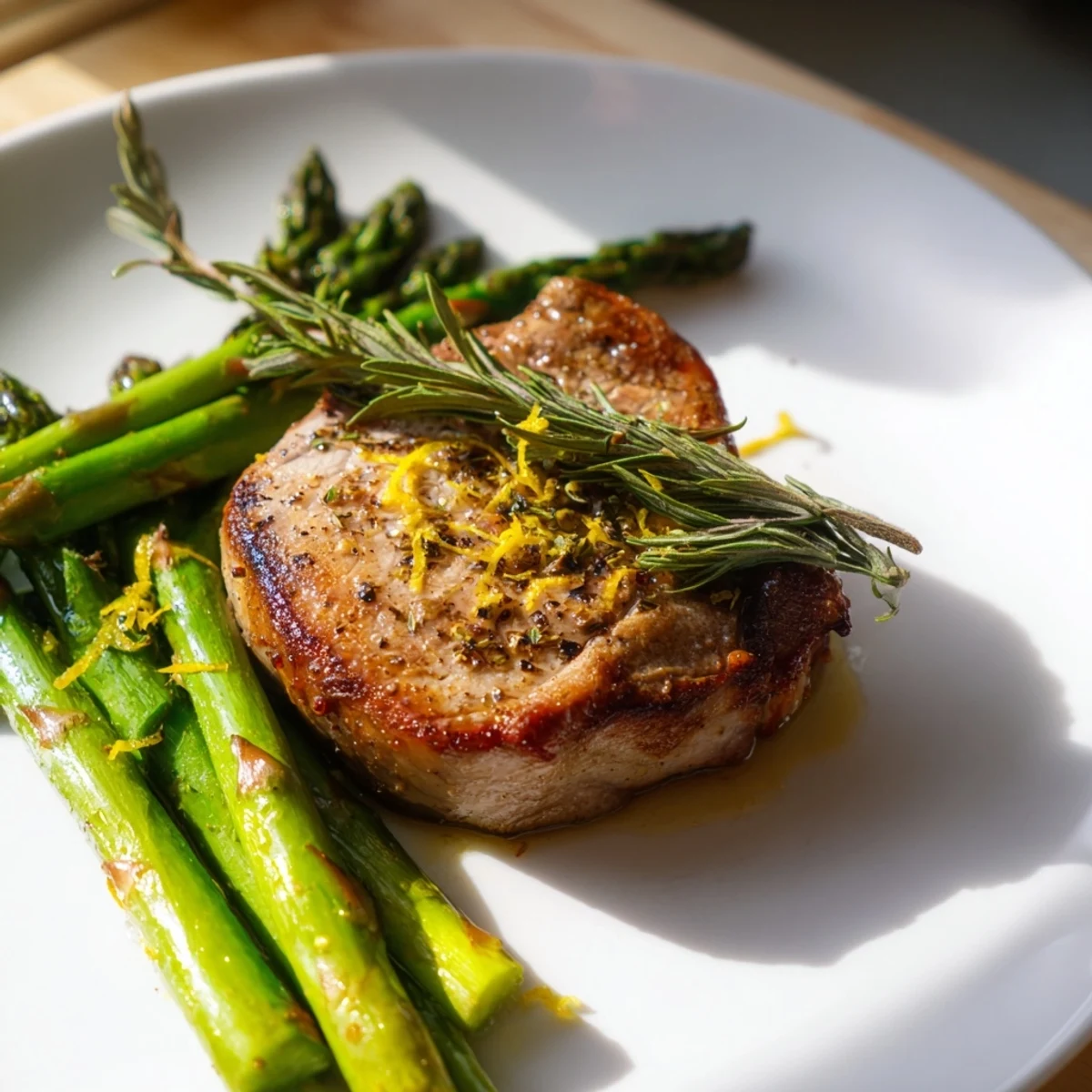 Juicy One-Pan Lemon Herb Pork Chops surrounded by tender asparagus, garnished with fresh lemon wedges.