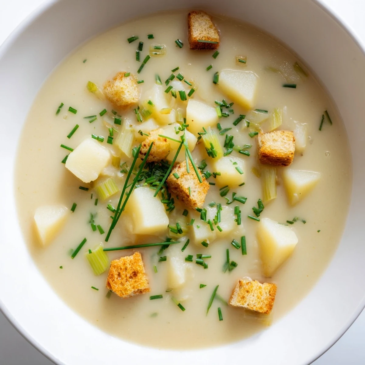 Creamy, hot Quick & Simple Potato and Leek Soup: imagine the smooth texture with fresh chive garnish.