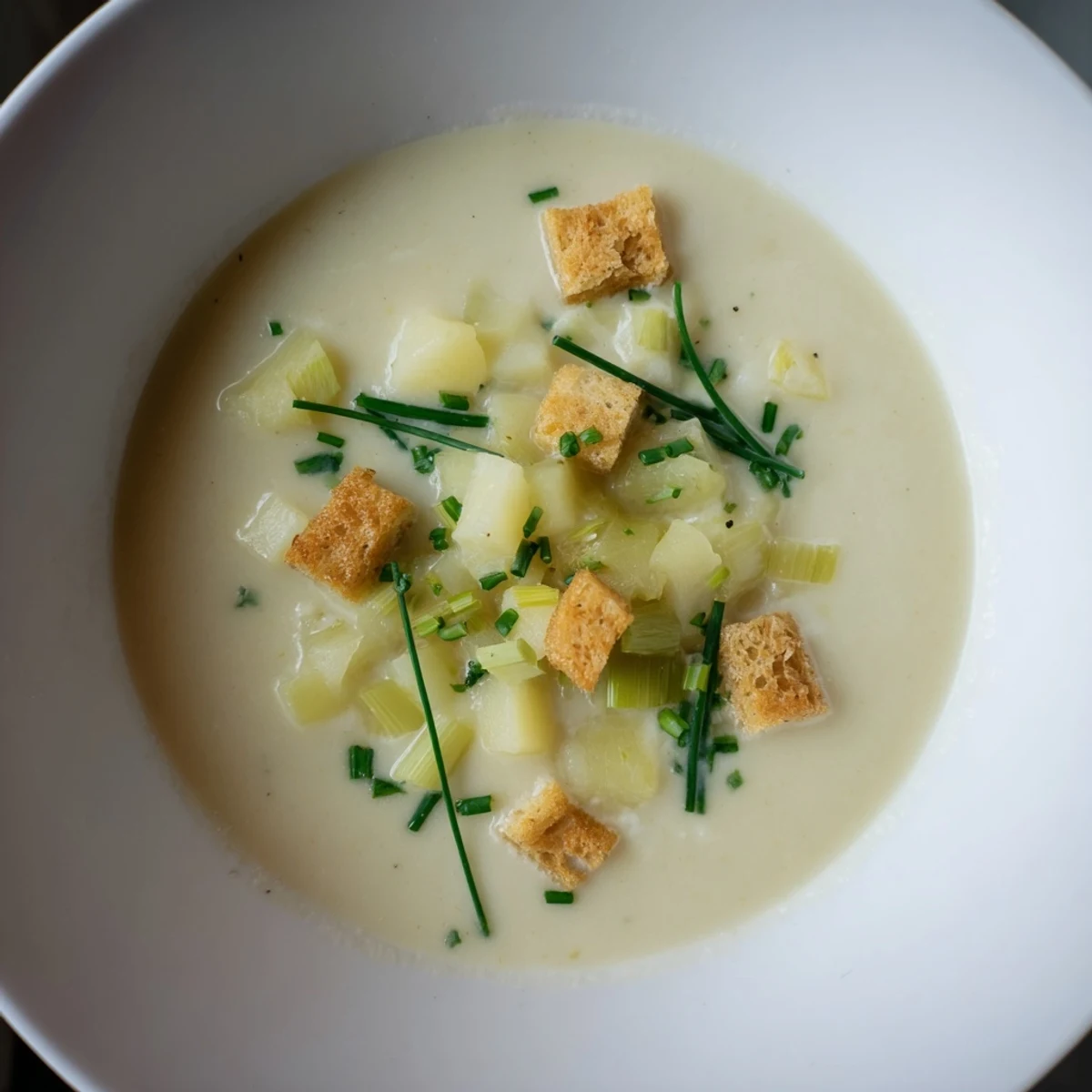 A steaming bowl of Quick & Simple Potato and Leek Soup, perfectly seasoned and ready to eat.