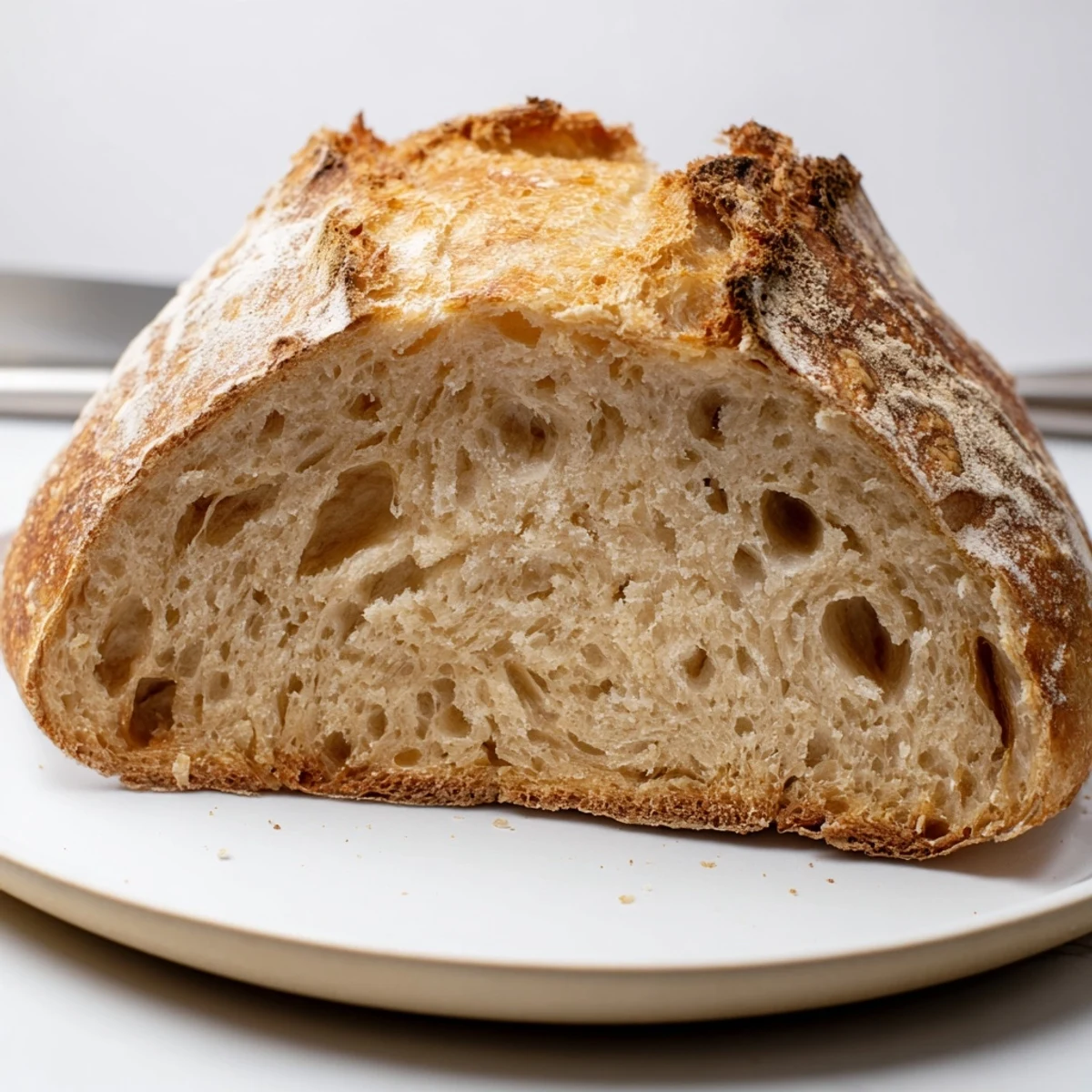 Golden, crusty loaf of The Best Easy No-Knead Bread, ready to slice and serve warm.