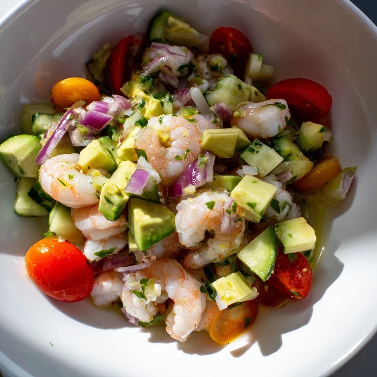 Bright and colorful shrimp ceviche, featuring fresh shrimp in a citrus marinade, garnished with cilantro.