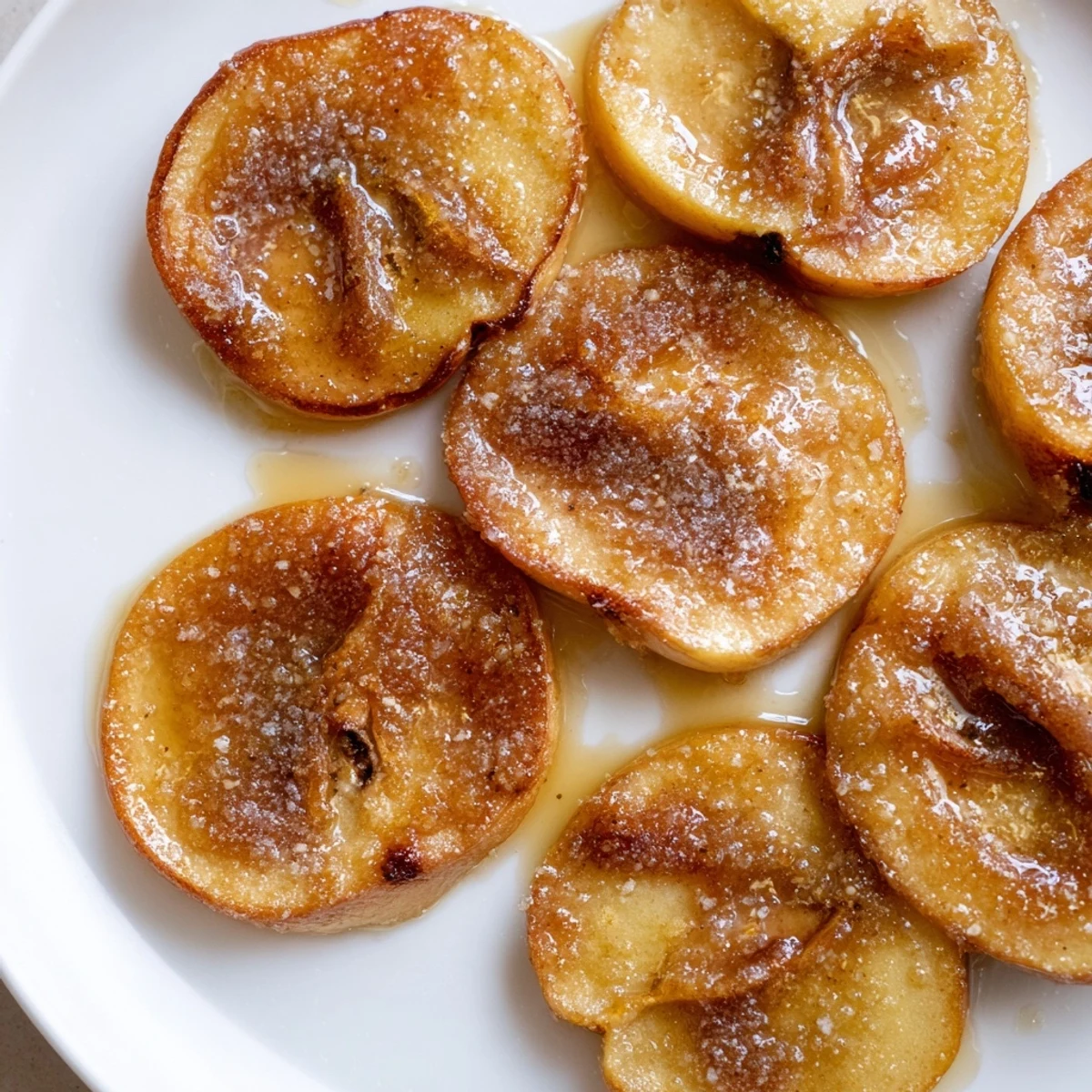 Golden baked apple slices glistening with sweet cinnamon and brown sugar, a classic dessert.