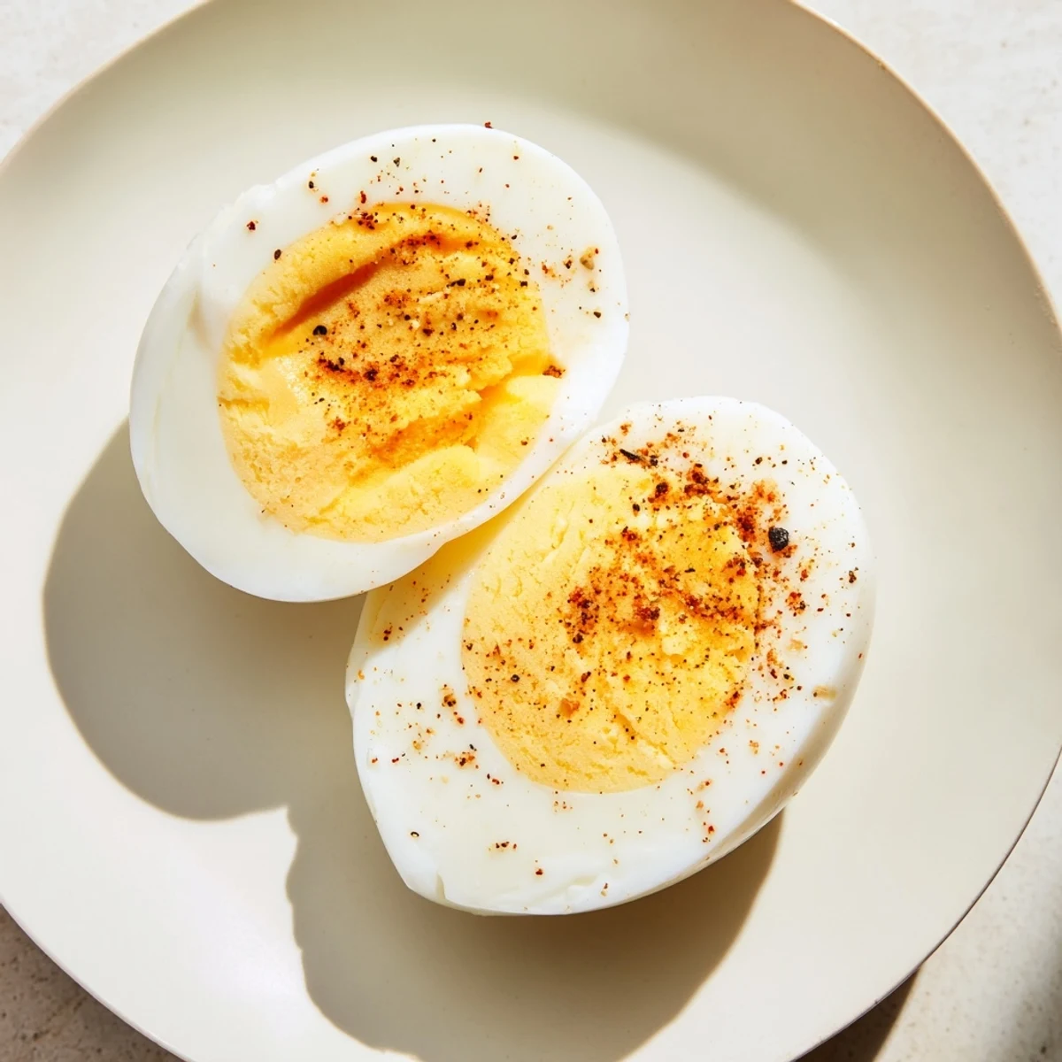 Perfect hard-boiled eggs with bright yellow yolks, ready to be sliced for a fresh salad.
