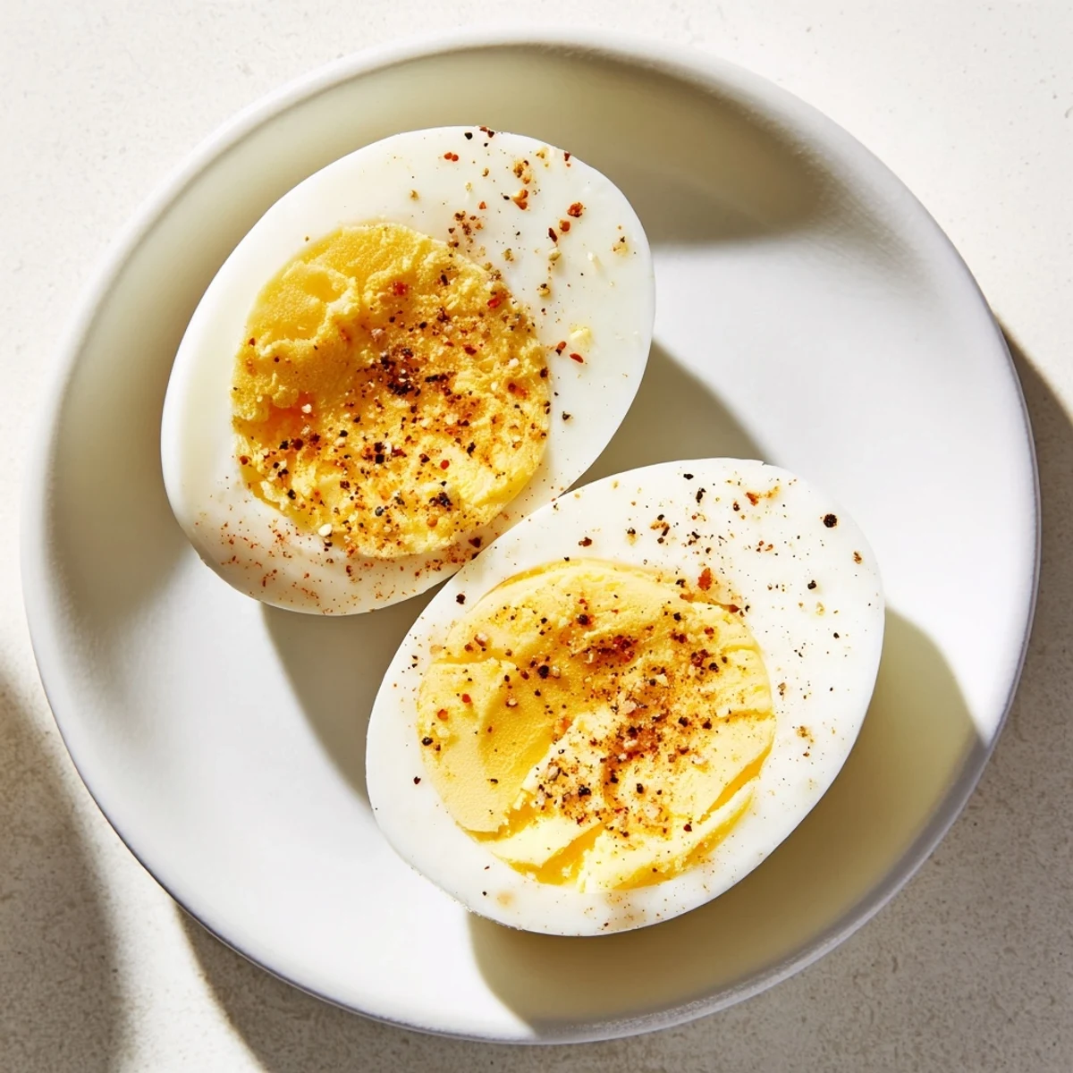 Close-up of golden perfect hard-boiled eggs with a sprinkle of salt, ideal for serving.