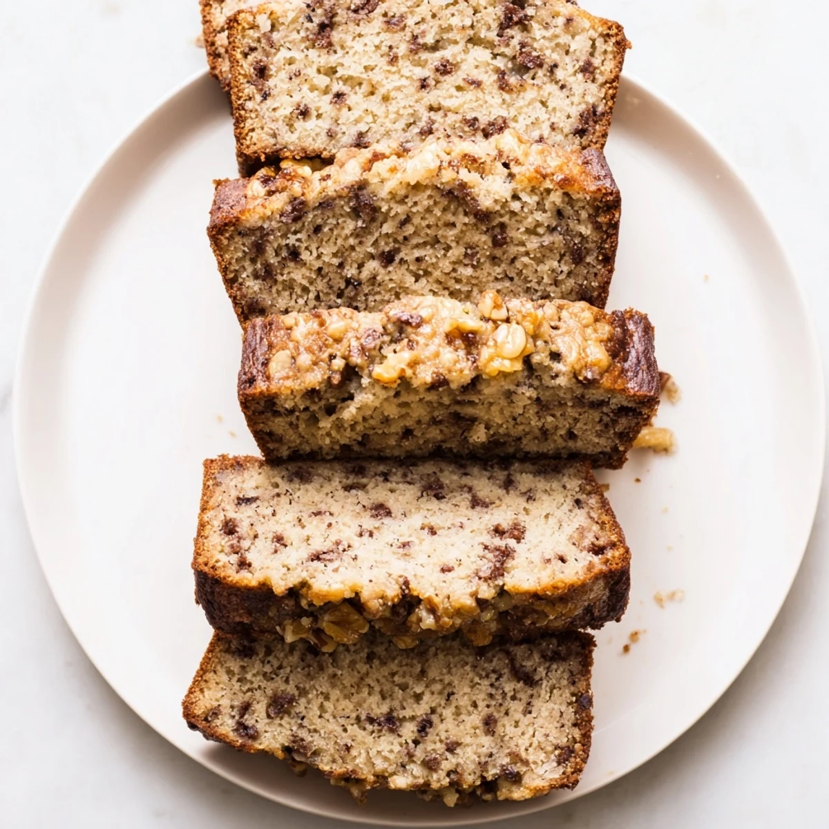 A warm slice of Simple Banana Bread, golden-brown and ready to be enjoyed.