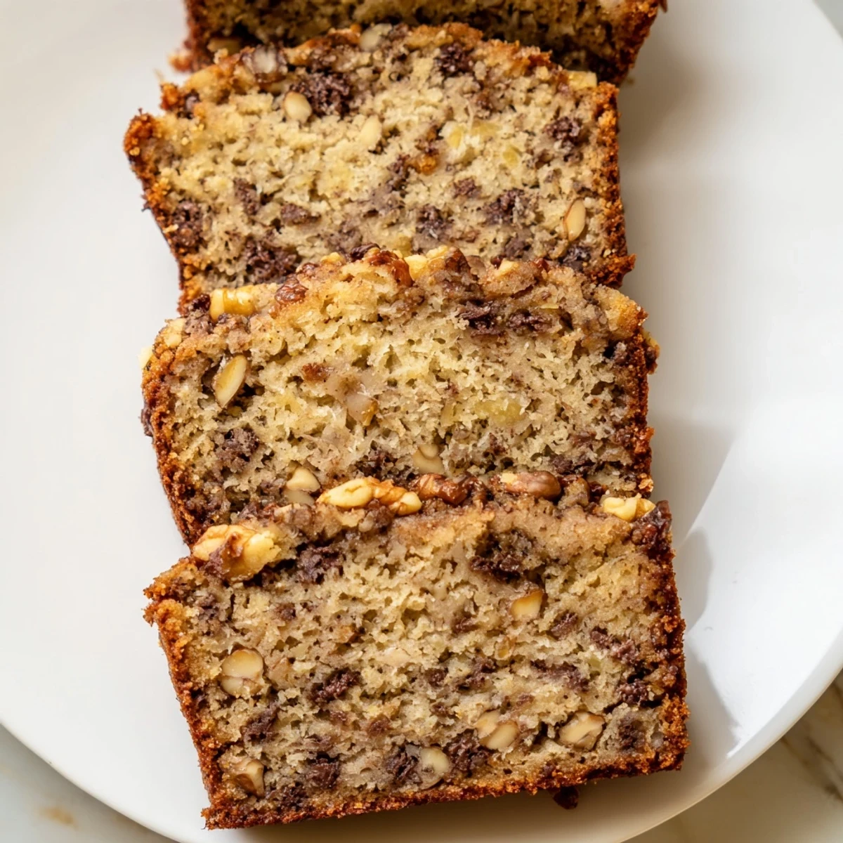 Moist slices of Simple Banana Bread with optional walnuts are displayed on a plate.