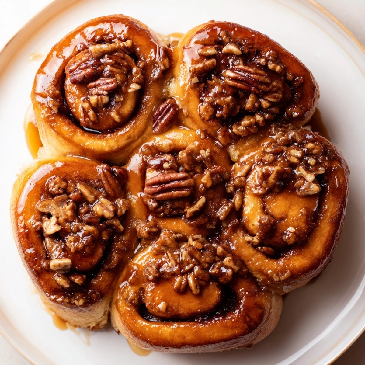 Warm, gooey Pecan and Honey Sticky Buns with a glistening caramel pecan topping, perfect for dessert.
