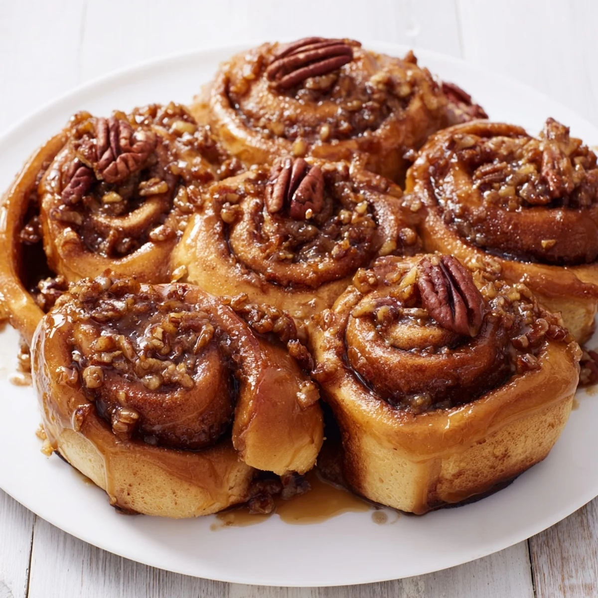 Golden brown Pecan and Honey Sticky Buns, served warm, promising a delicious, sweet, comforting treat for breakfast.
