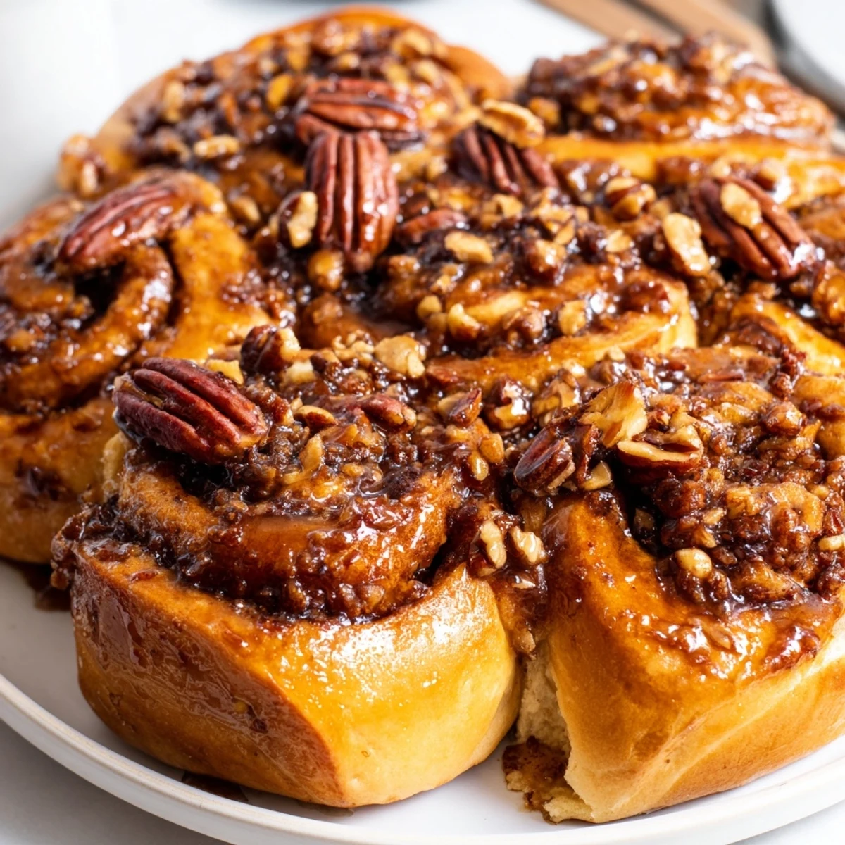 Freshly baked Pecan and Honey Sticky Buns, inviting you with their sweet cinnamon aroma and sticky glaze.
