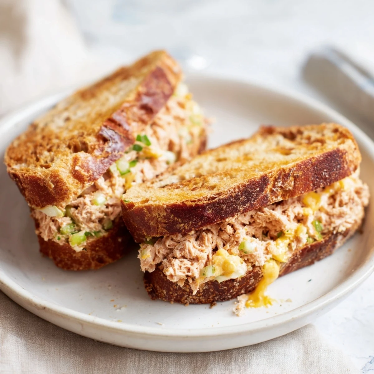A crispy tuna melt sandwich, with toasted bread and a generous filling; a comforting American favorite.