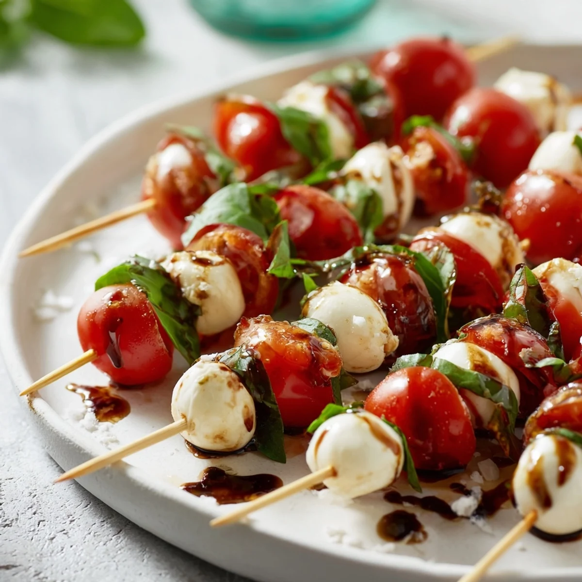 Vibrant plate of Fresh Caprese Salad Skewers served, featuring red tomatoes, green basil and white mozzarella balls.