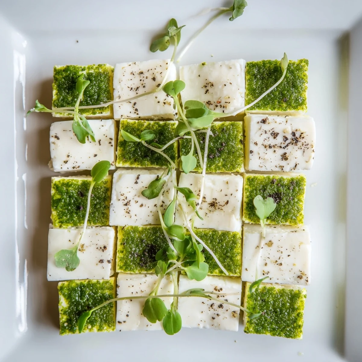 Checkerboard Garden appetizer, a visually appealing mix of cheeses and vibrant herb squares, ready to serve.
