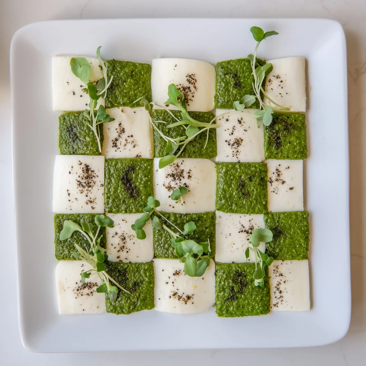 Freshly arranged Checkerboard Garden appetizer, showcasing creamy white cheeses and bright green herbed layers, chilled to perfection.