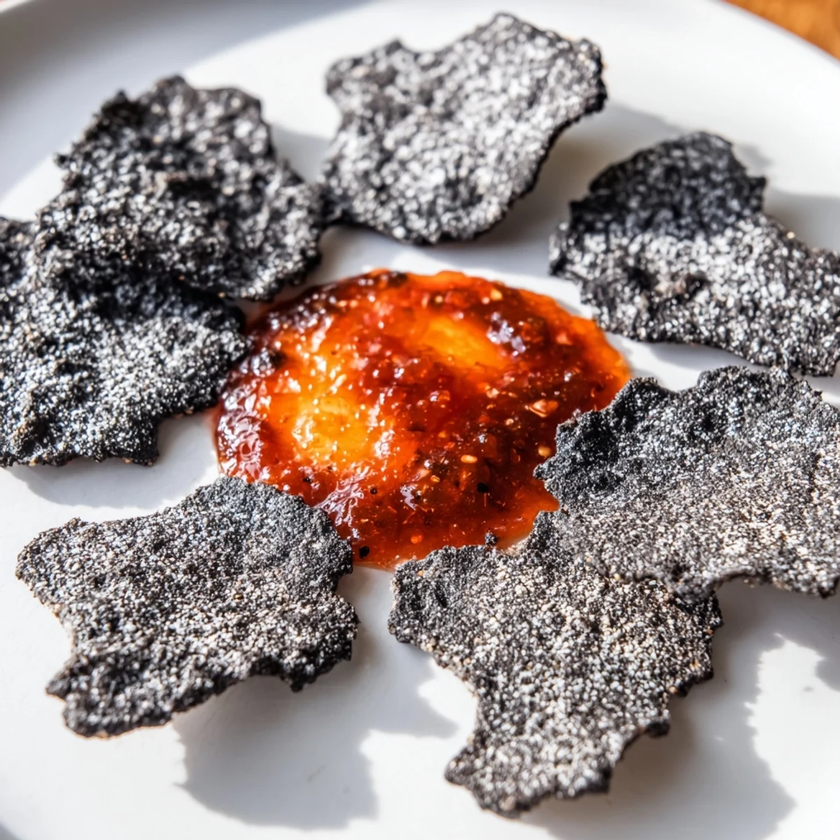 Black crackers surround vibrant red jelly in this photo of The Volcanic Flow appetizer.
