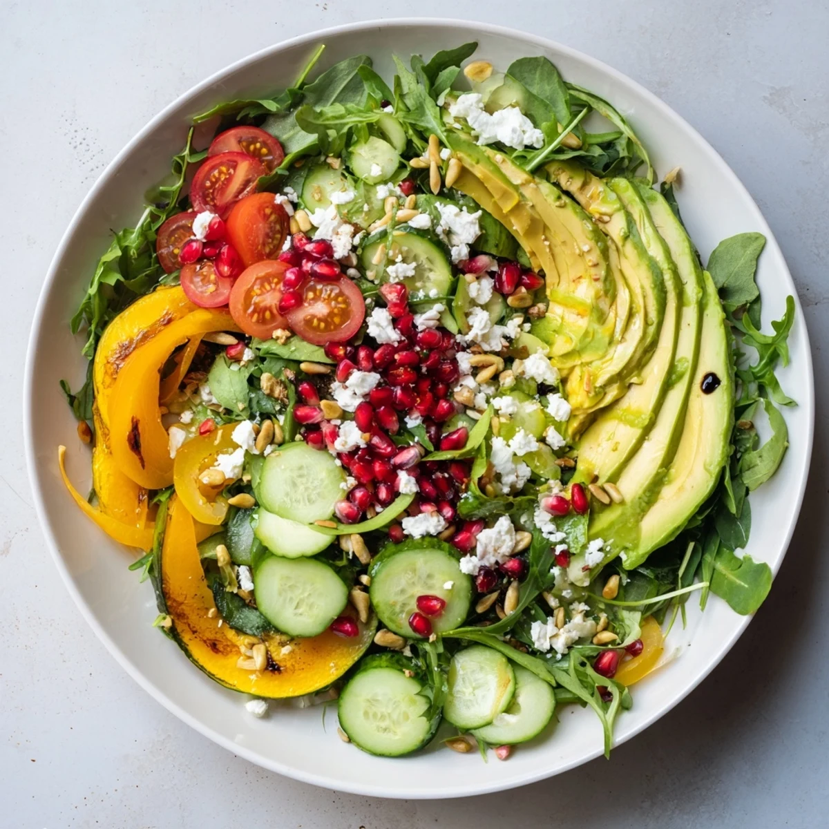 A vibrant Golden Ratio Salad of greens, tomatoes, and avocado, ready to serve and enjoy.