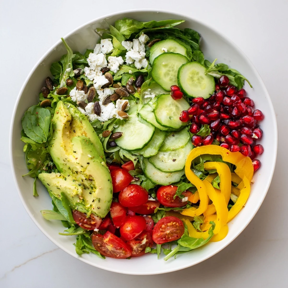 Freshly tossed Golden Ratio Salad, with colorful vegetables and creamy feta, perfect for lunch.