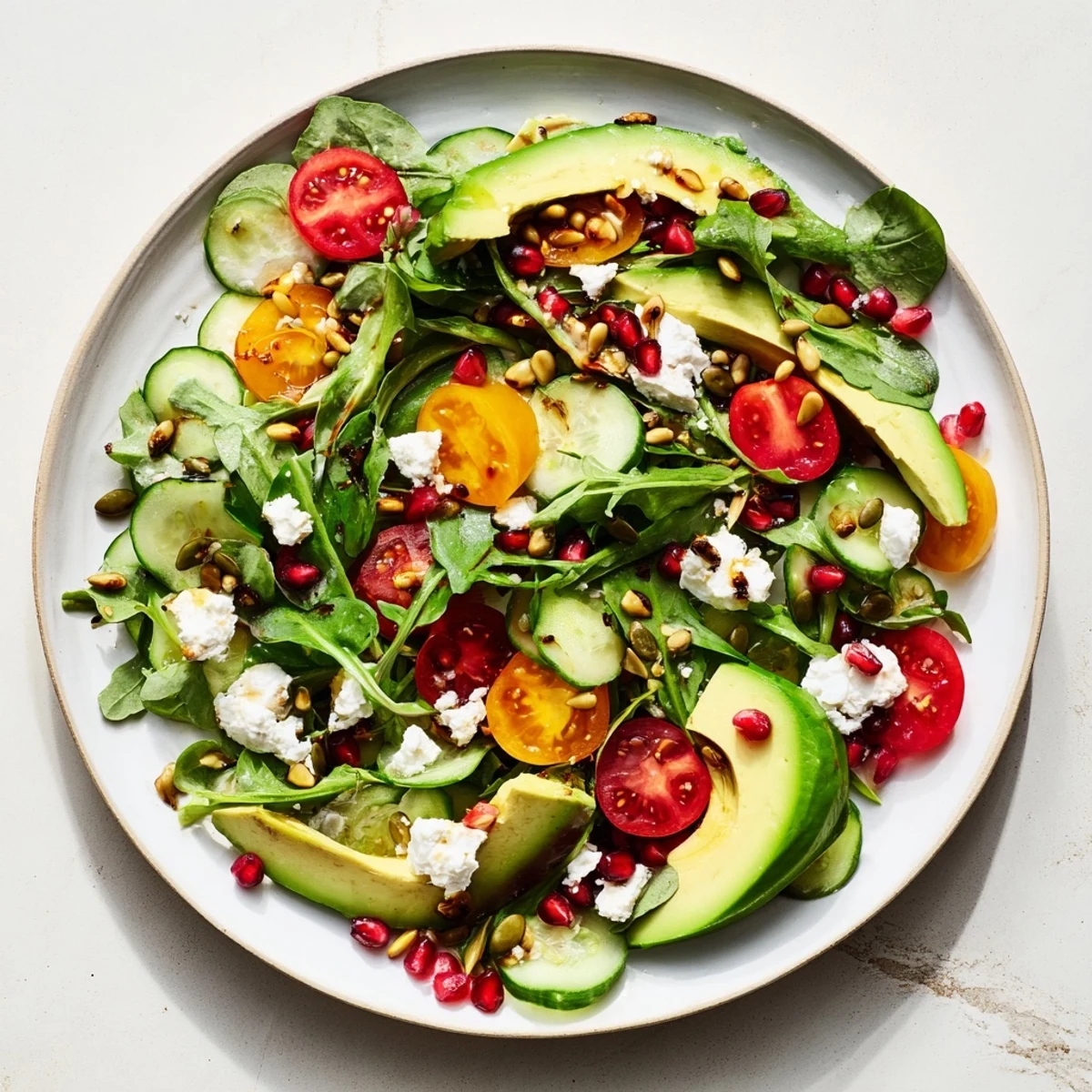 Close up shot of the beautifully arranged Golden Ratio Salad with a zesty lemon dressing.