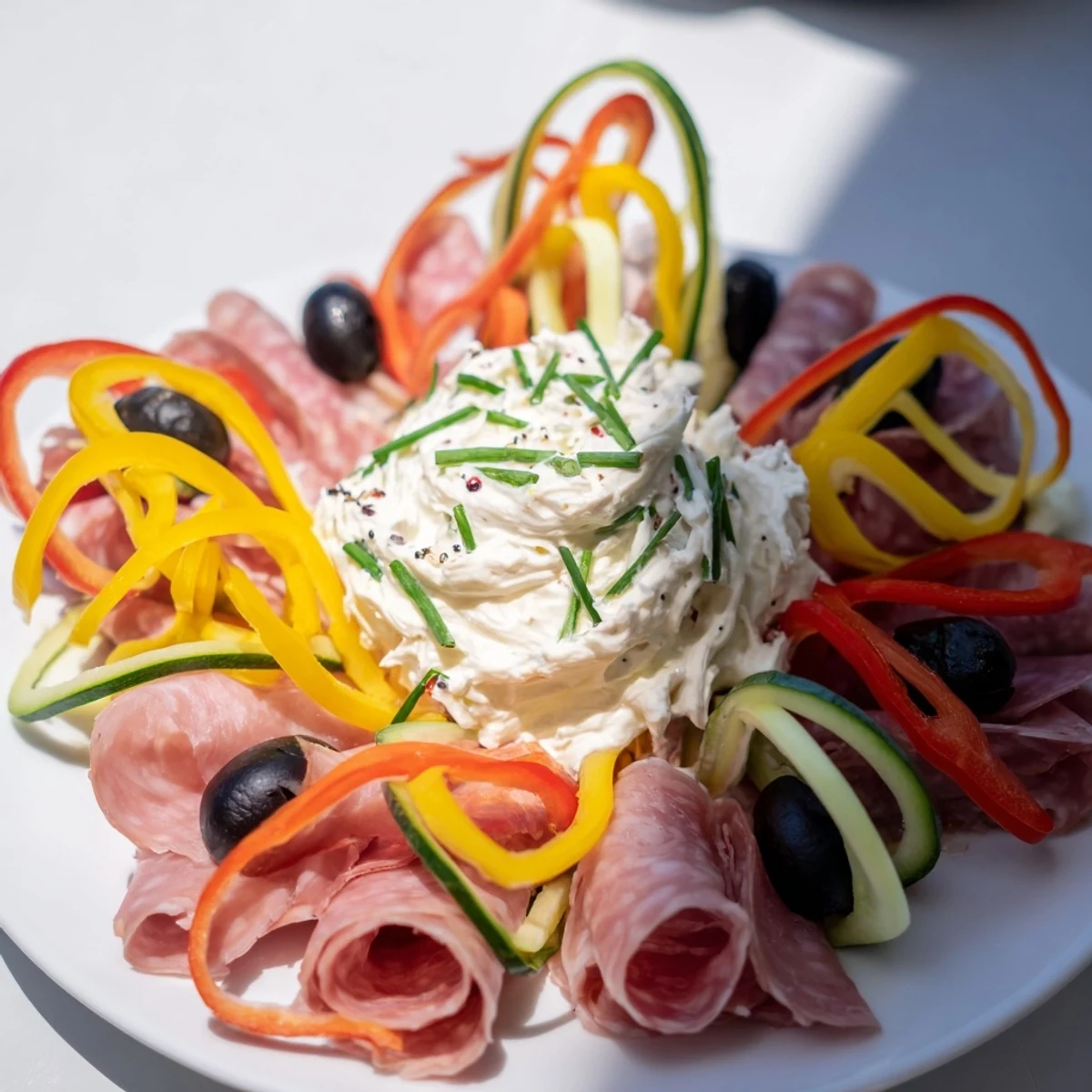 Delicious Medusa Curls appetizer with colorful veggies and meats beautifully arranged for easy serving.