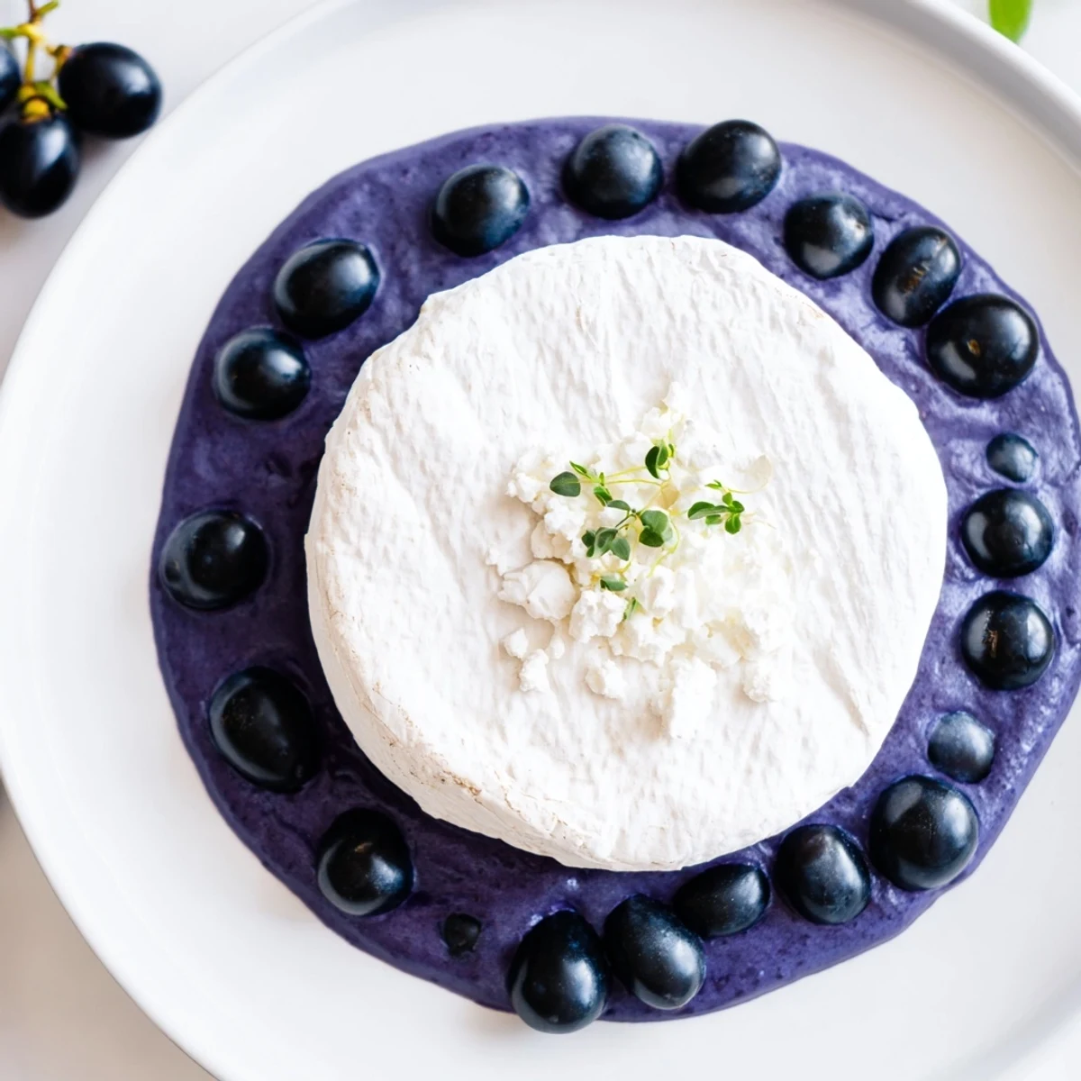 Floating Island cheese wheel on a sea of blue yogurt, garnished with dark grapes, ready to serve.