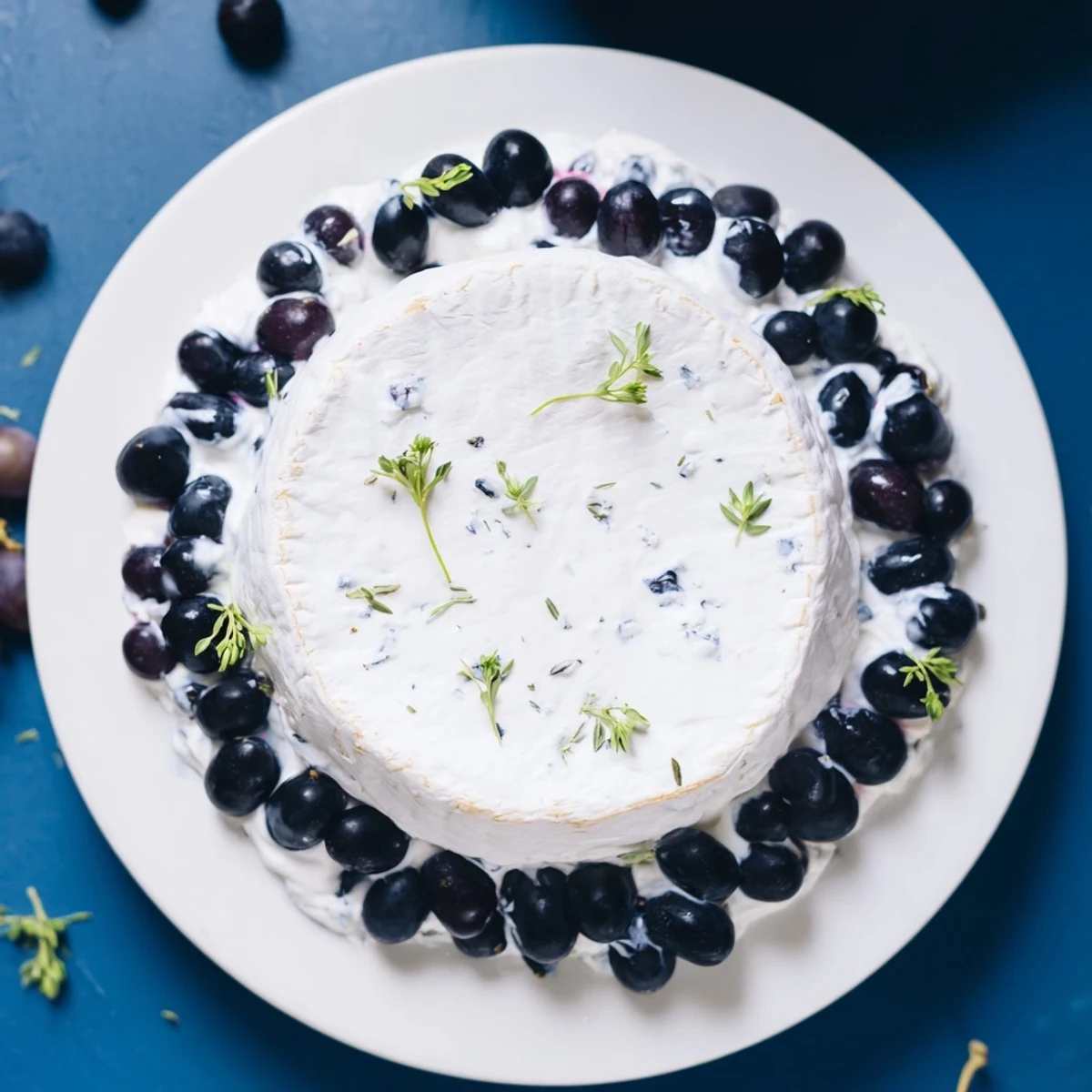 A vibrant photo of a Floating Island appetizer: a creamy cheese island in blue yogurt sea.