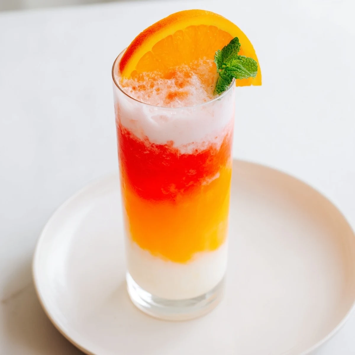 The Alpine Sunrise mocktail: creamy coconut base layered with vibrant orange and red grenadine.