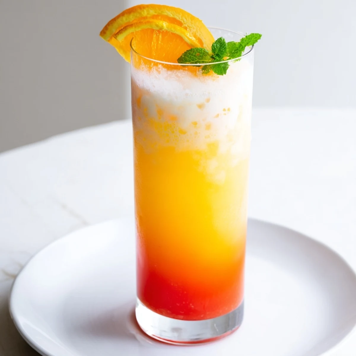 A close-up of The Alpine Sunrise mocktail's sunrise layers, garnished with fresh orange slices.