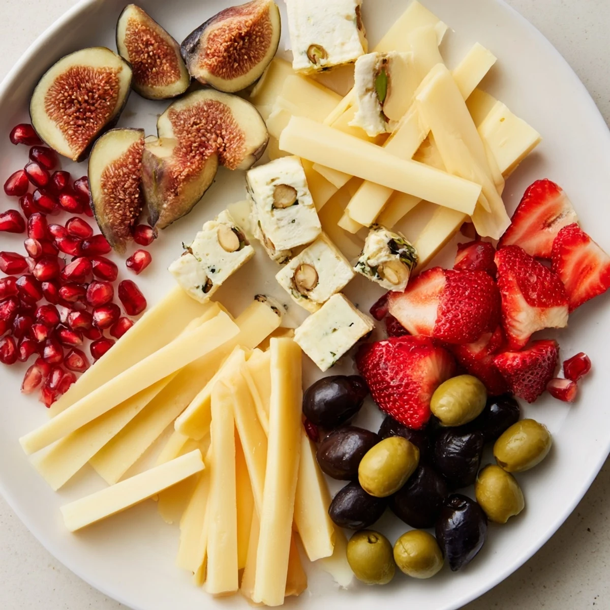 Vibrant and alluring, The Final Curtain appetizer board boasts cheese, fruits, and bread spilling over the edges.