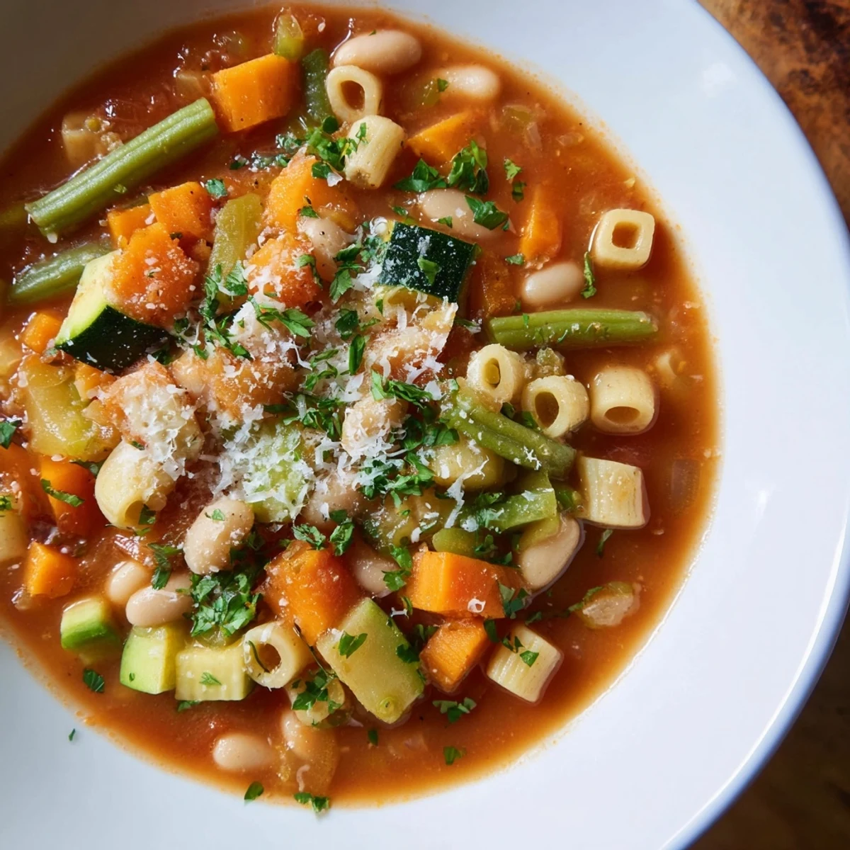 A vibrant photo shows hearty Simple One-Pot Minestrone Soup, full of vegetables and pasta, perfect for dinner.