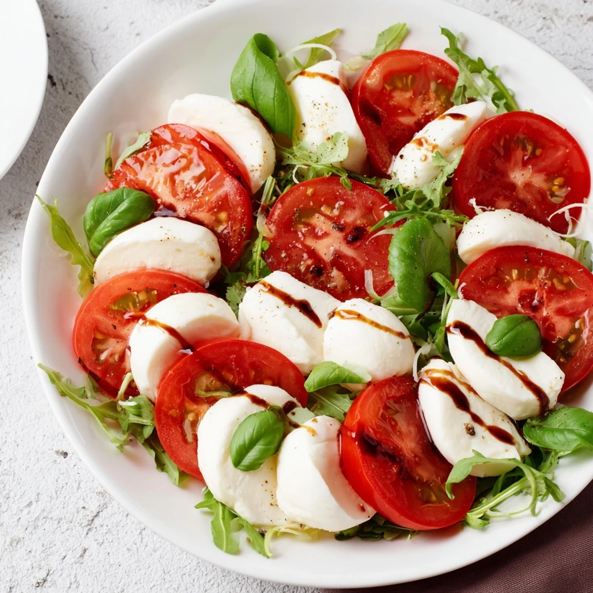 Pearly Strand salad features mozzarella pearls, vibrant tomatoes, and basil, ready to serve.