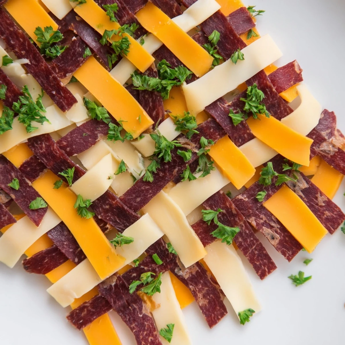 The visually stunning Tartan Plaid appetizer, featuring woven jerky and vibrant cheese strips.