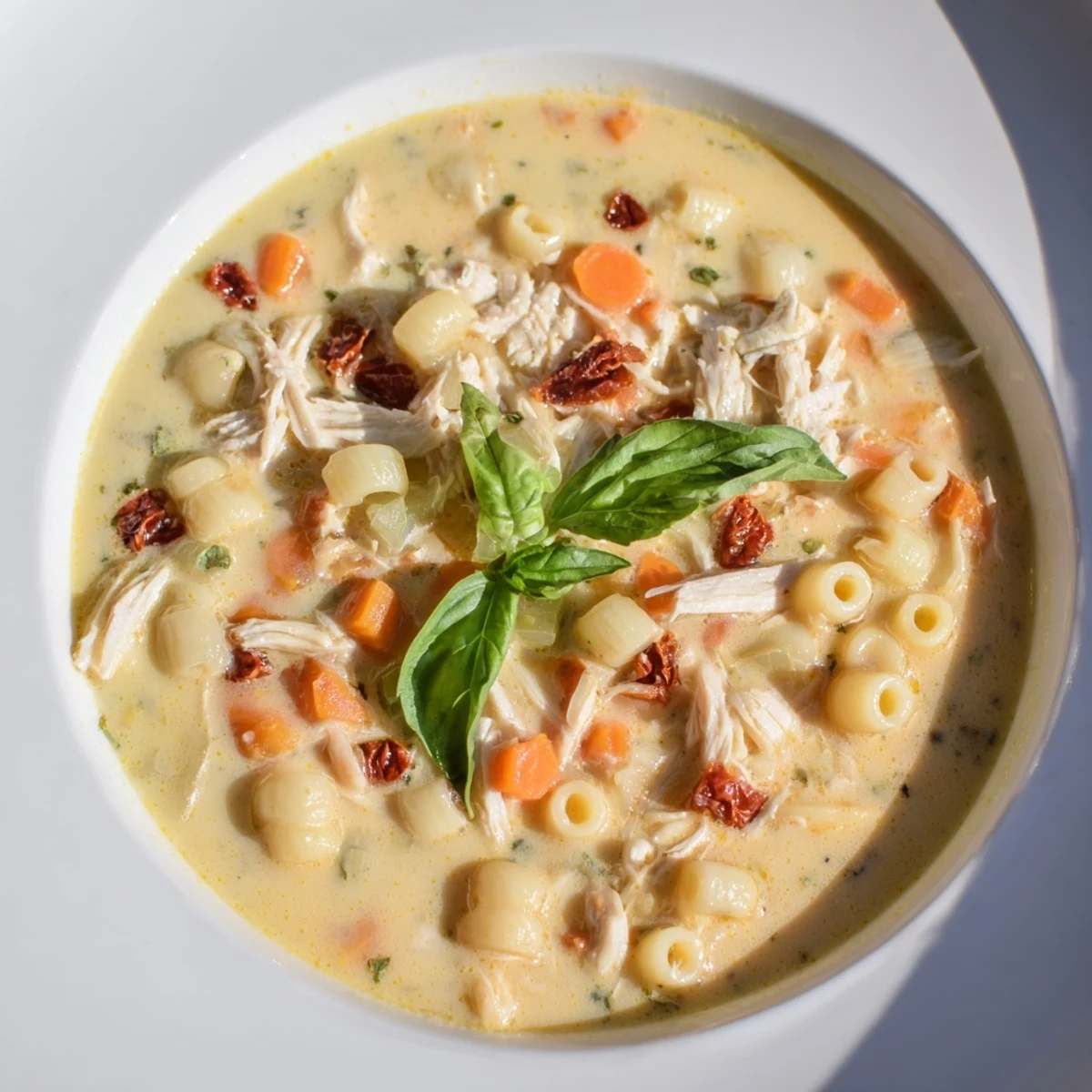 Creamy Marry Me Chicken Soup with tender chicken, vegetables, and ditalini pasta, ready to enjoy.