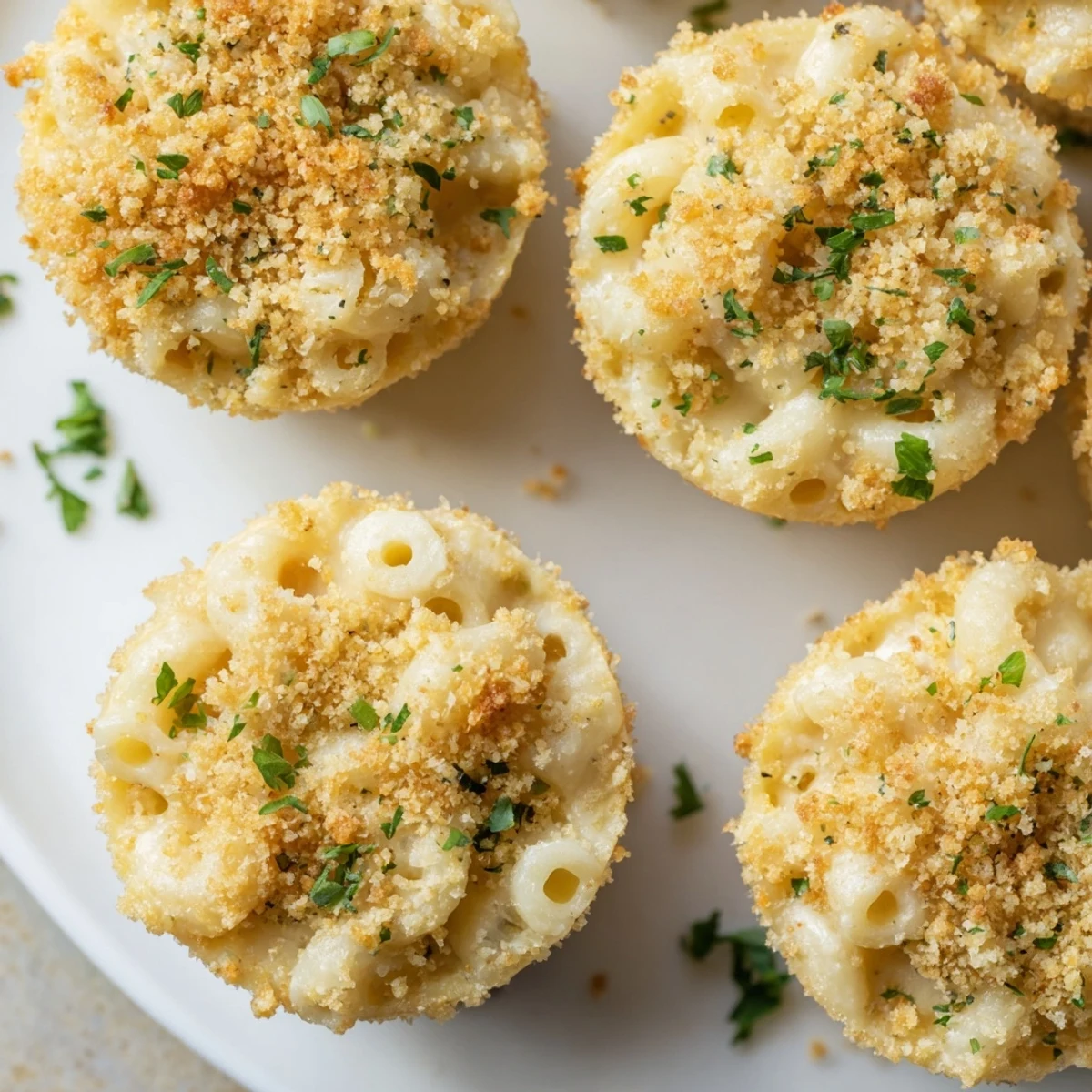 Golden-brown Tinis Mac and Cheese muffins sit ready, boasting a crispy breadcrumb topping in a muffin tin.