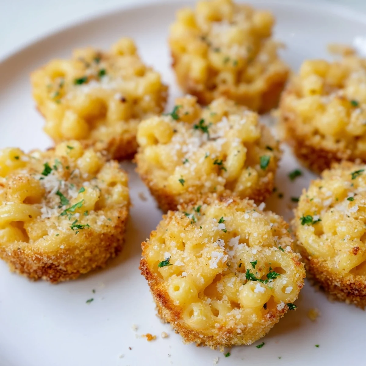 A close-up reveals bubbly, melted cheese inside these savory Tinis Mac and Cheese bites, perfect for snacks.