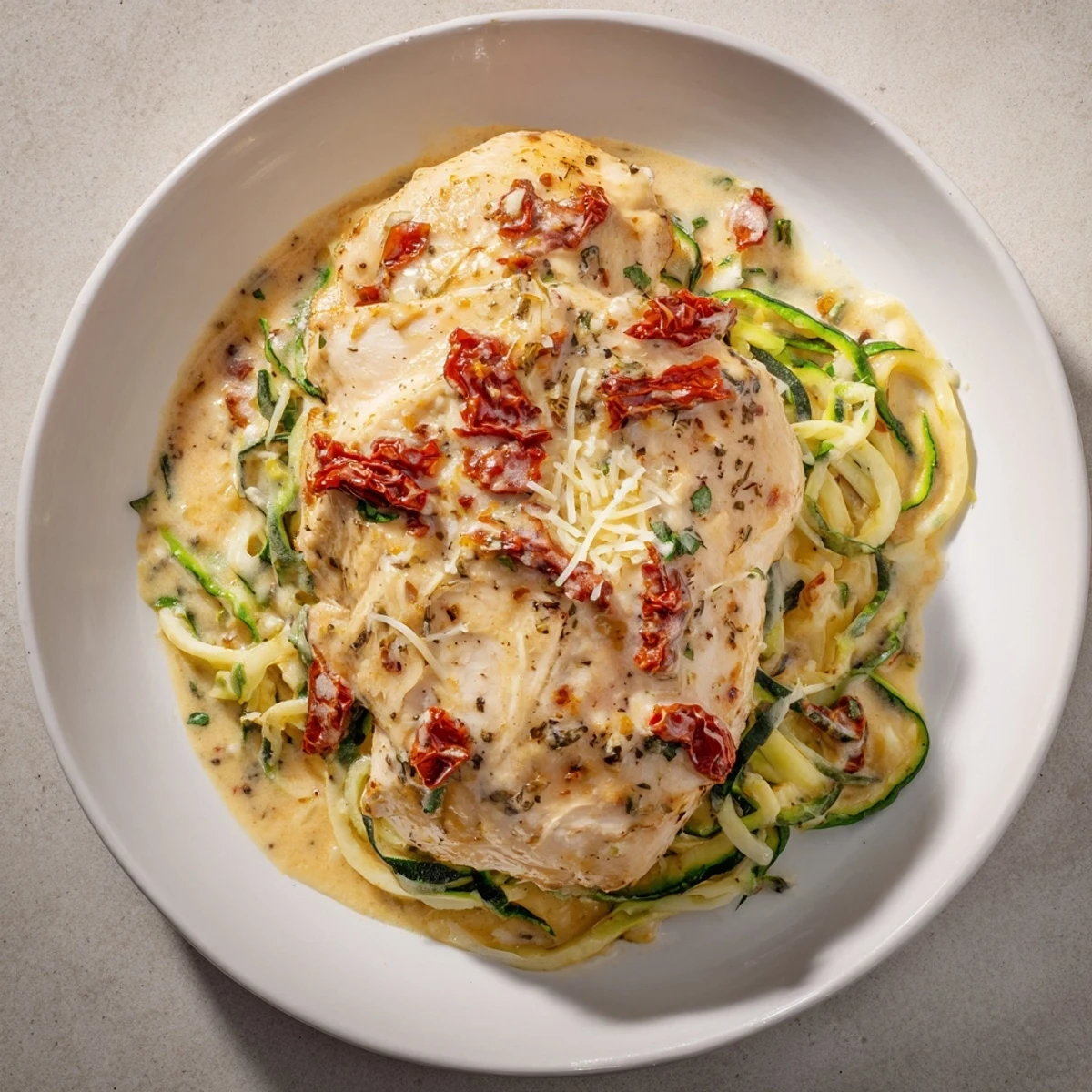 Creamy sun-dried tomato sauce blankets tender Marry Me Chicken and zoodles—a mouthwatering recipe, easily made.