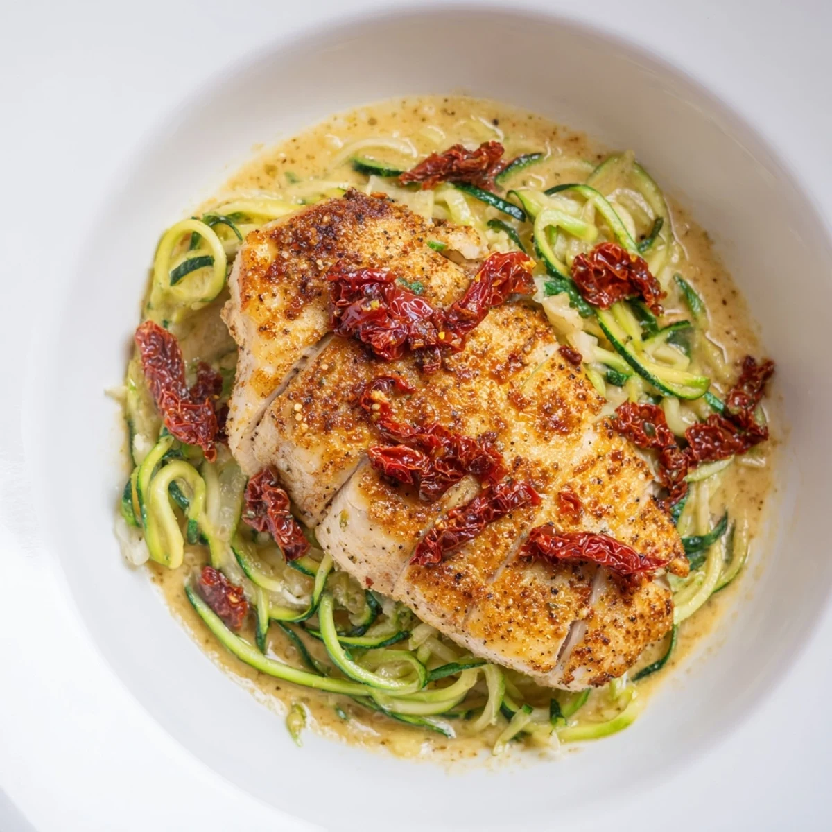 Golden-brown Marry Me Chicken breasts rest in creamy sauce, atop fresh zoodles; a delightful Italian dish.