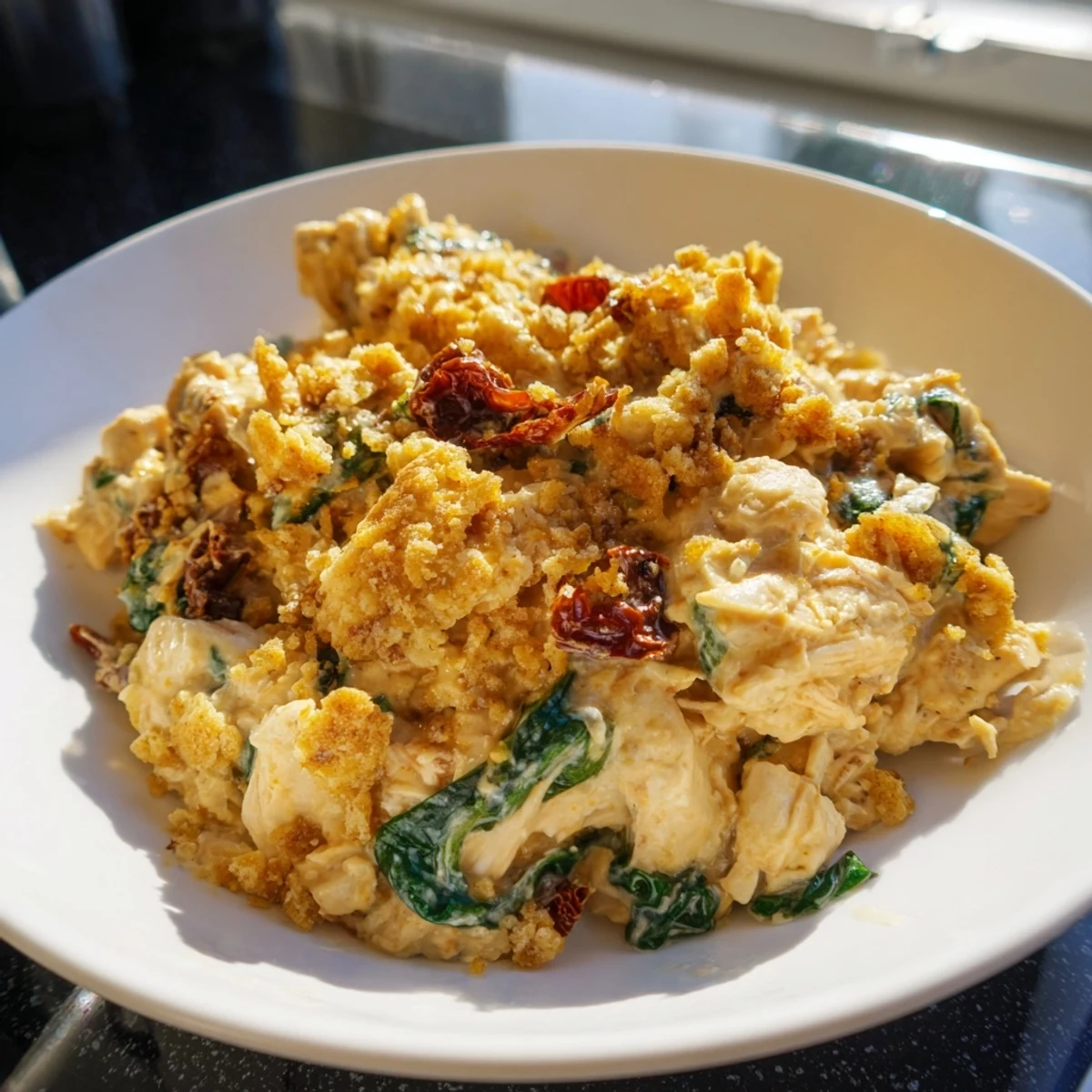 A close-up reveals the cheesy, creamy deliciousness of bubbling Marry Me Chicken Casserole fresh from the oven.