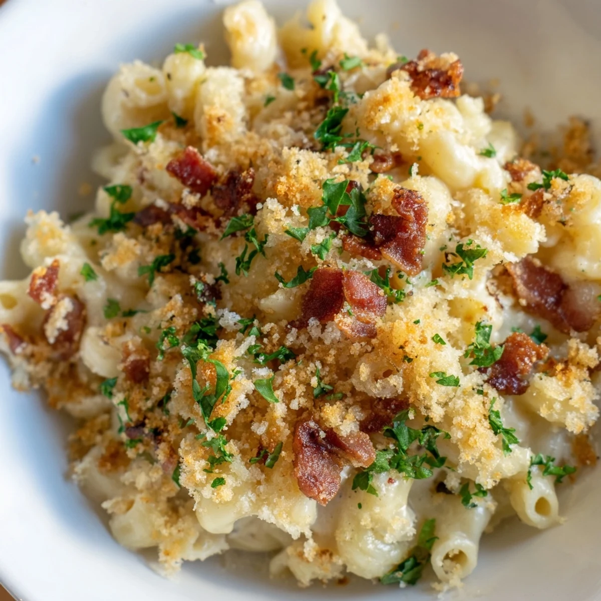 Creamy Tinis Mac and Cheese with Bacon, topped with golden, crispy bacon crumbles for texture.