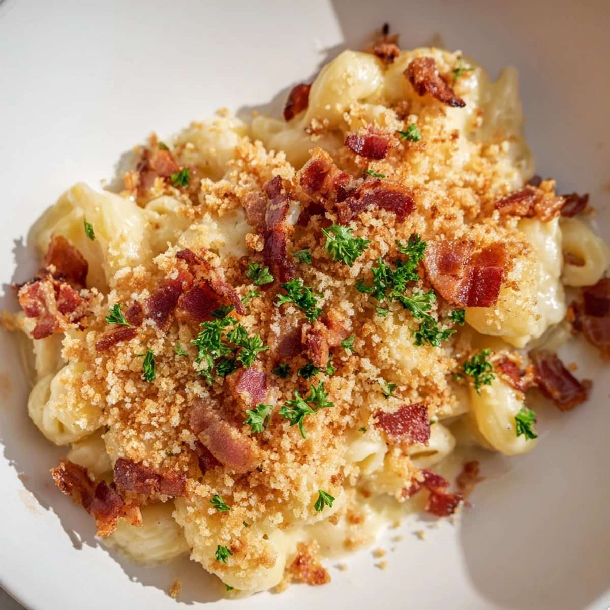 A bubbling baking dish filled with Tinis Mac and Cheese with Bacon, ready for serving everyone.