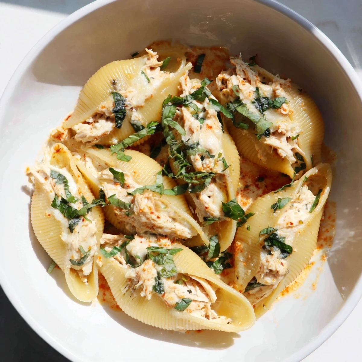 Marry Me Chicken Stuffed Shells: Creamy, bubbling baked pasta with a rich tomato sauce and cheesy topping.