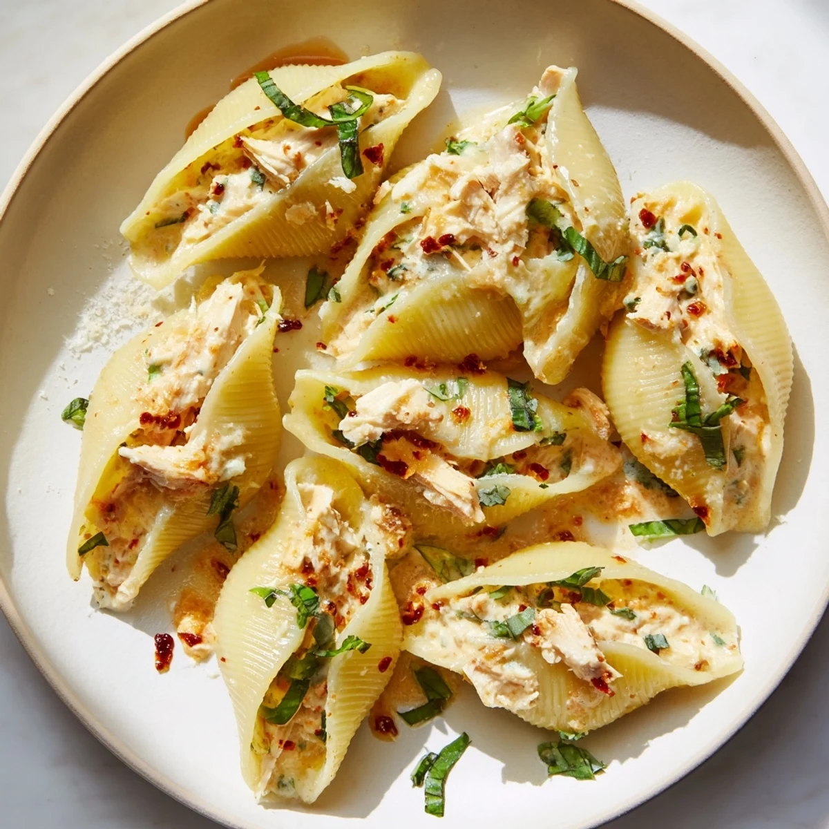 Golden-brown baked Marry Me Chicken Stuffed Shells, garnished with fresh basil, ready to eat and enjoy.