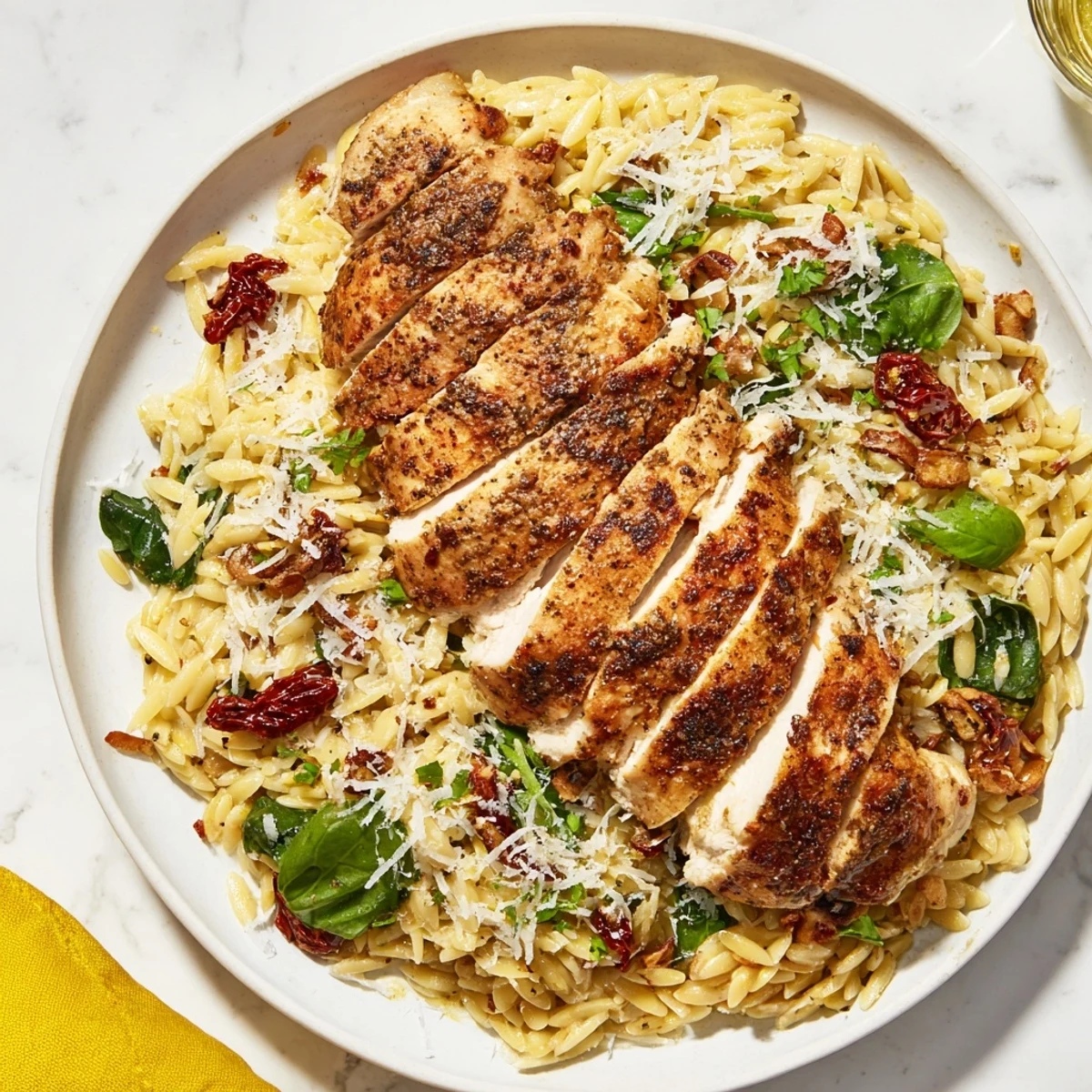 Creamy Marry Me Chicken Orzo, featuring sliced chicken and rich sauce, is a delightful one-pot meal.