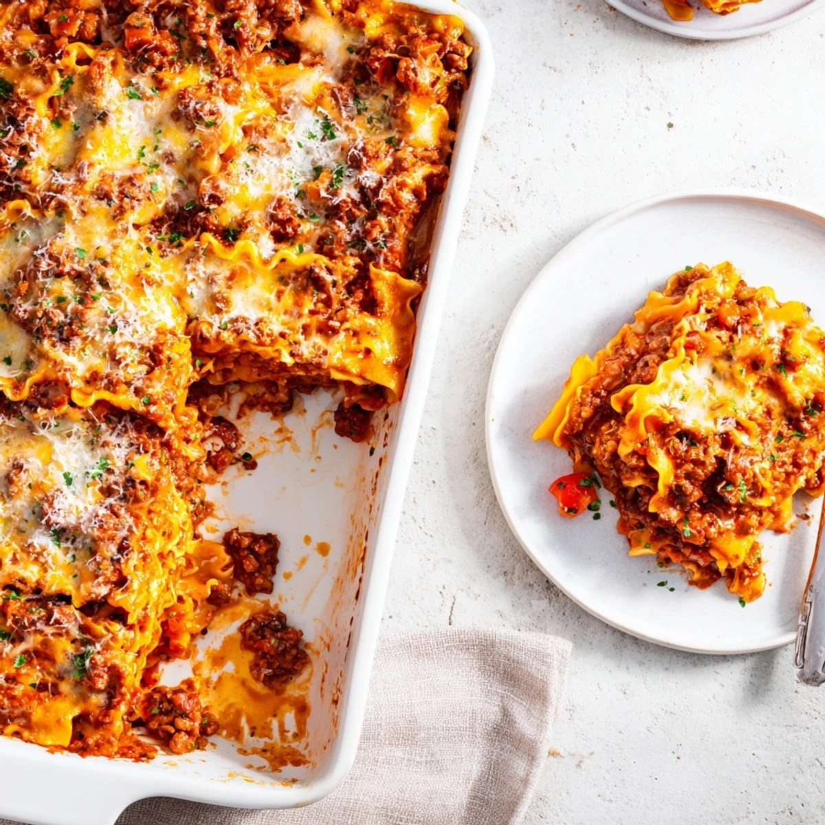 Golden, bubbly Tinis Baked Spaghetti, a comforting casserole with a rich cheese and meat sauce.